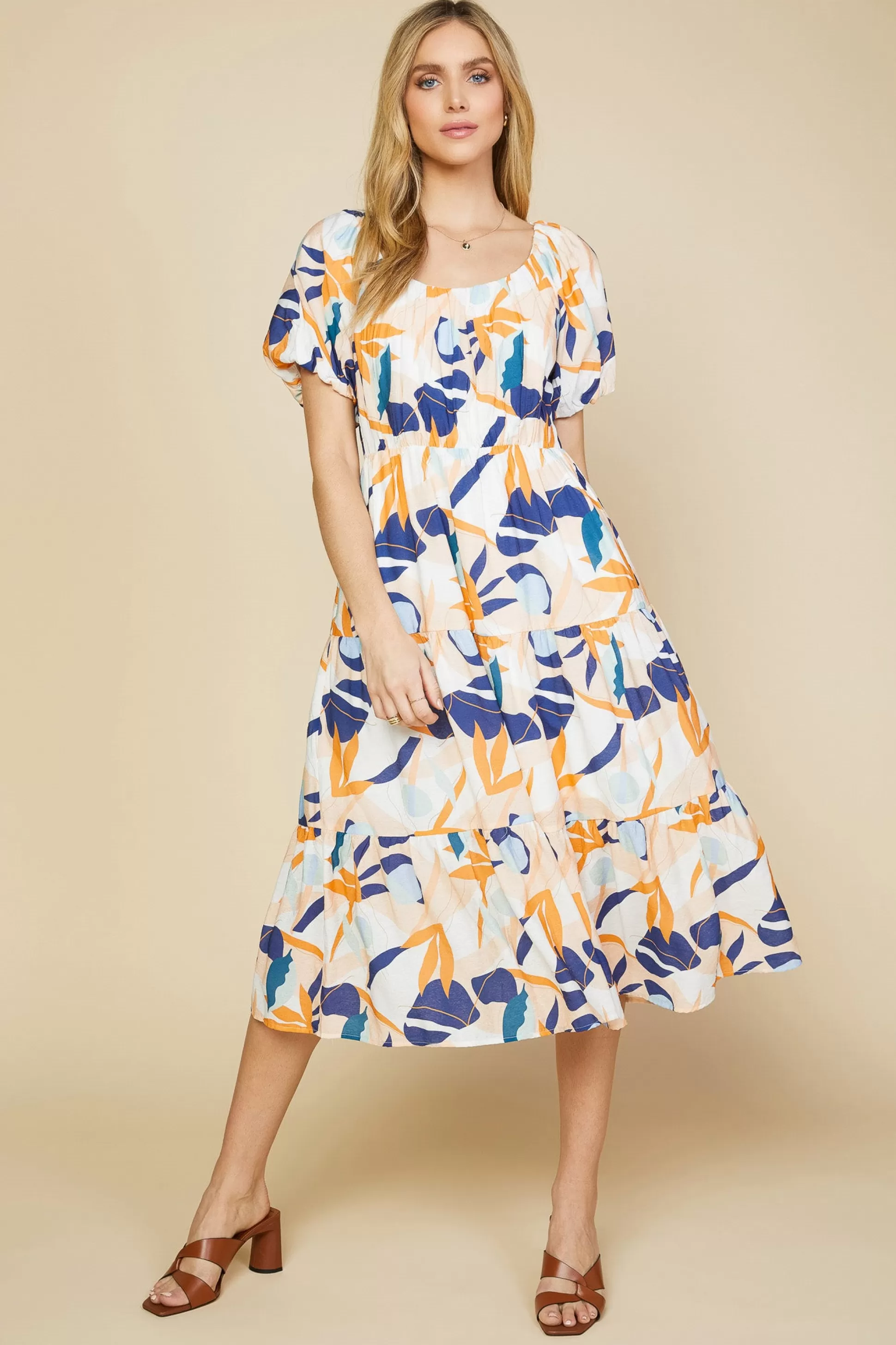 SKIES ARE BLUE Midi Dresses>Abstract Botanical Midi Dress Tangerinenavy