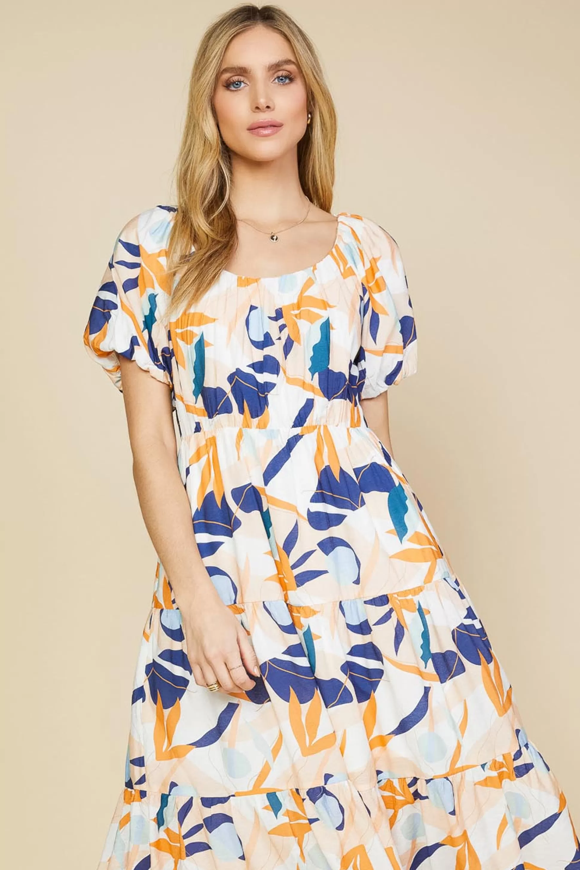 SKIES ARE BLUE Midi Dresses>Abstract Botanical Midi Dress Tangerinenavy