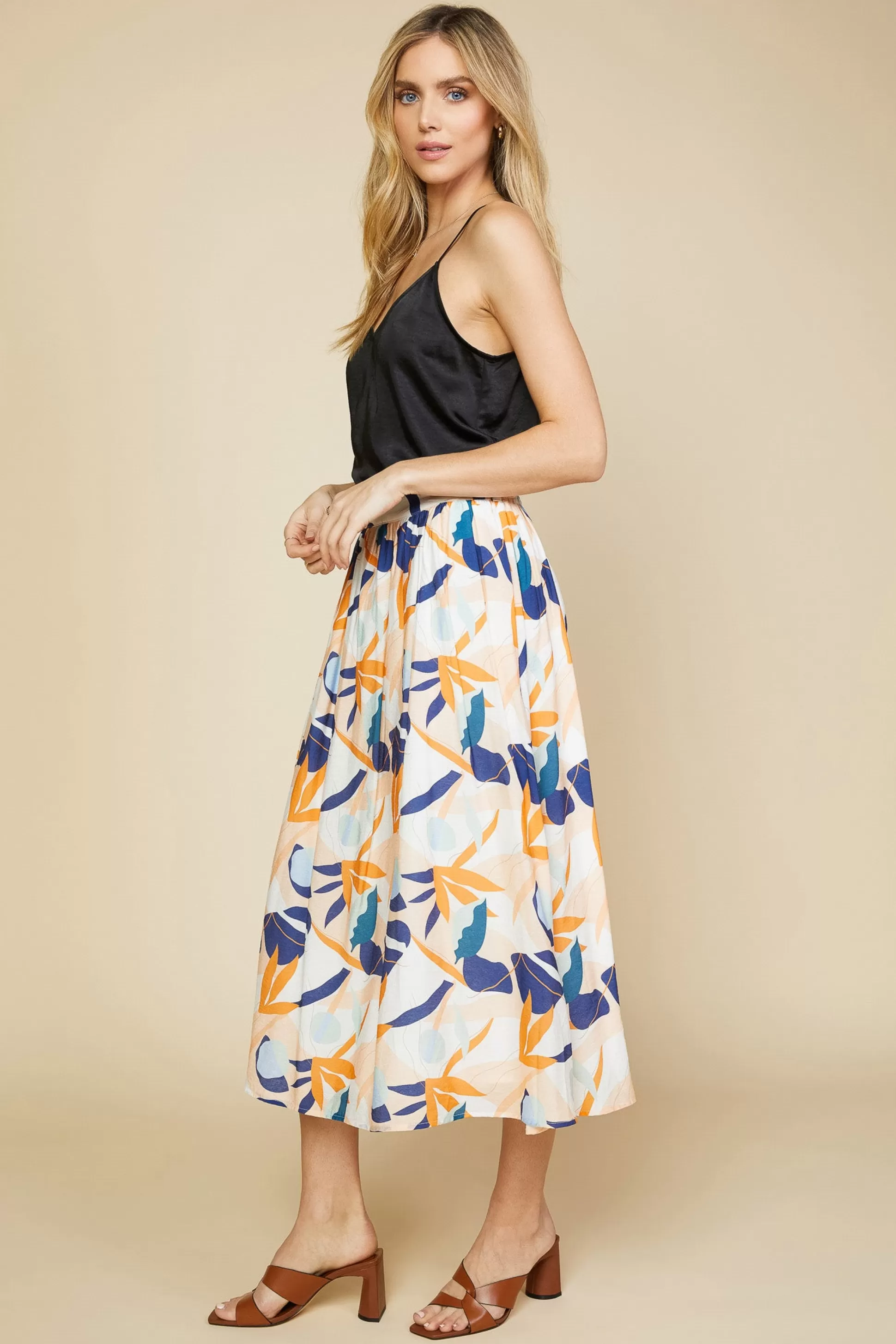 SKIES ARE BLUE Skirts>Abstract Botanical Midi Skirt Tangerinenavy