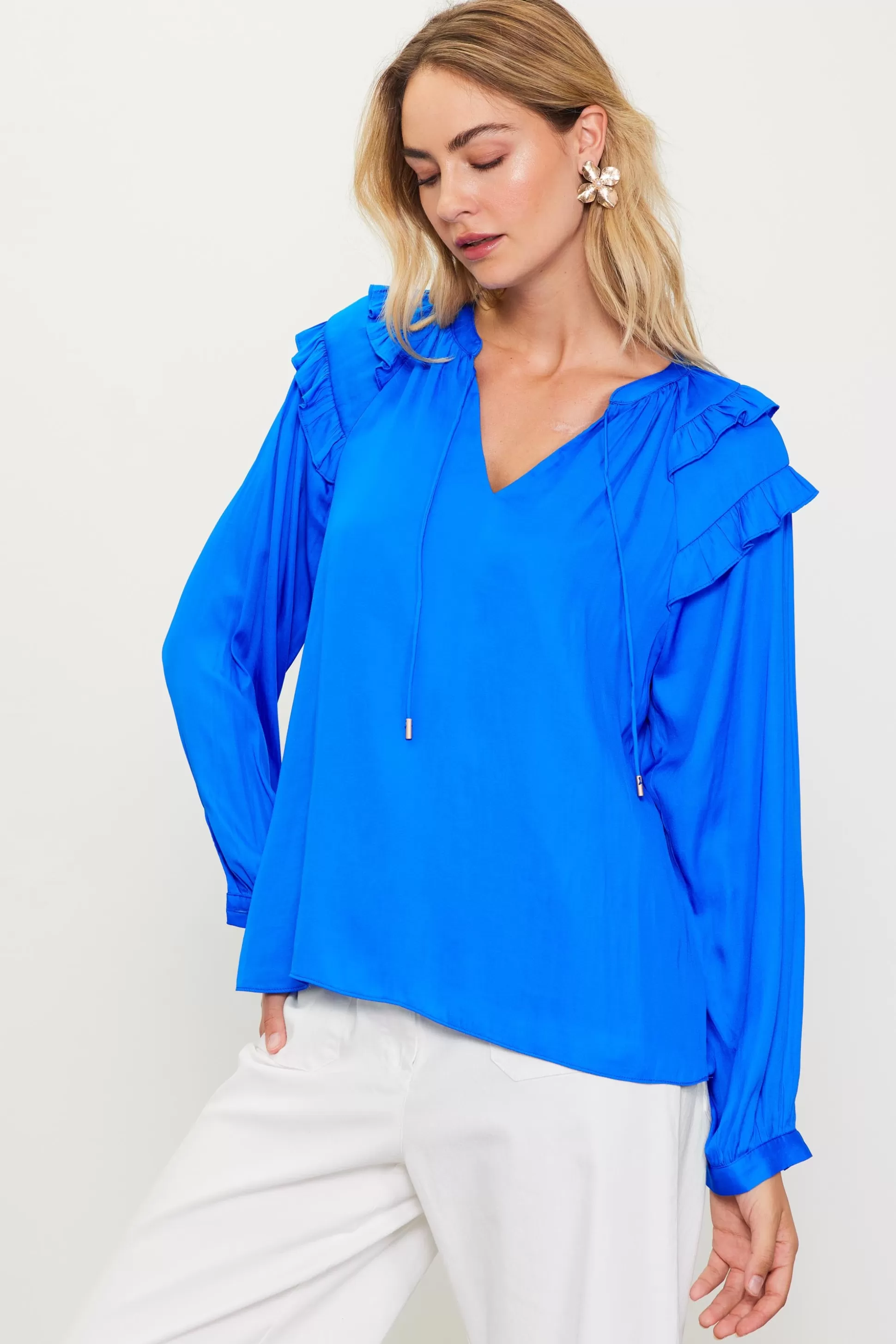 SKIES ARE BLUE Blouses | Long Sleeve Tops>Adele Ruffled Split Neck Top Vividblue