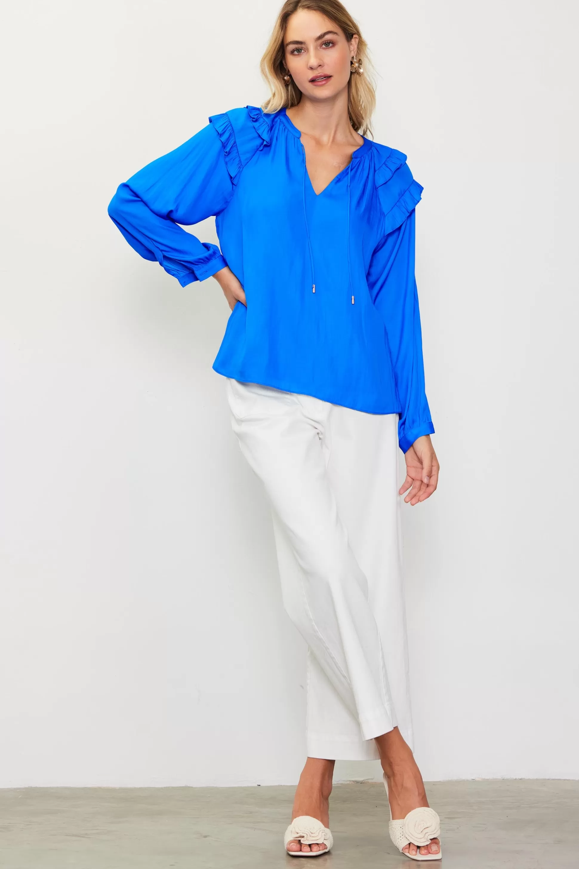 SKIES ARE BLUE Blouses | Long Sleeve Tops>Adele Ruffled Split Neck Top Vividblue