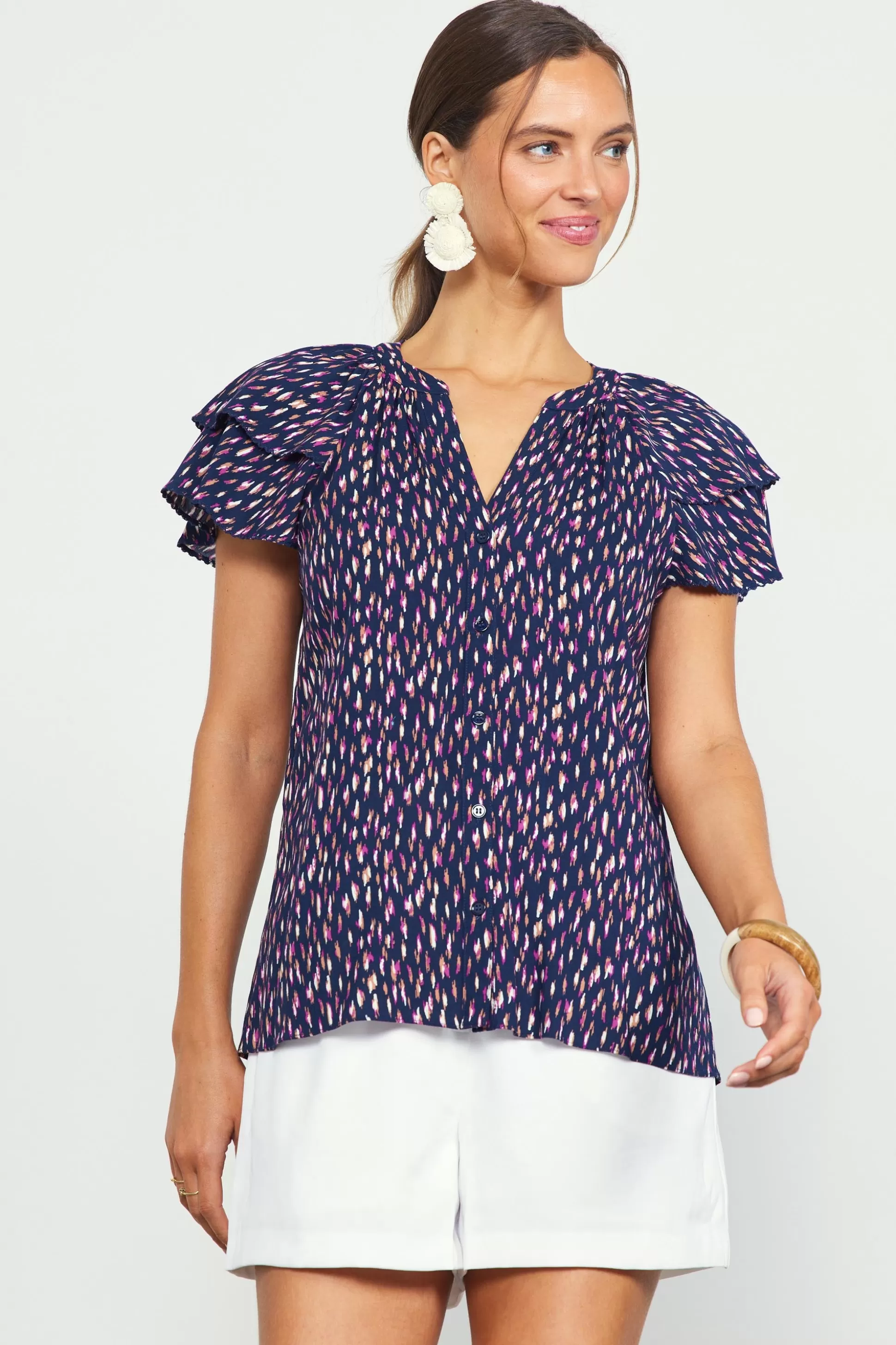 SKIES ARE BLUE Short Sleeve Tops>Allover Print Ruffle Sleeve Top Navy