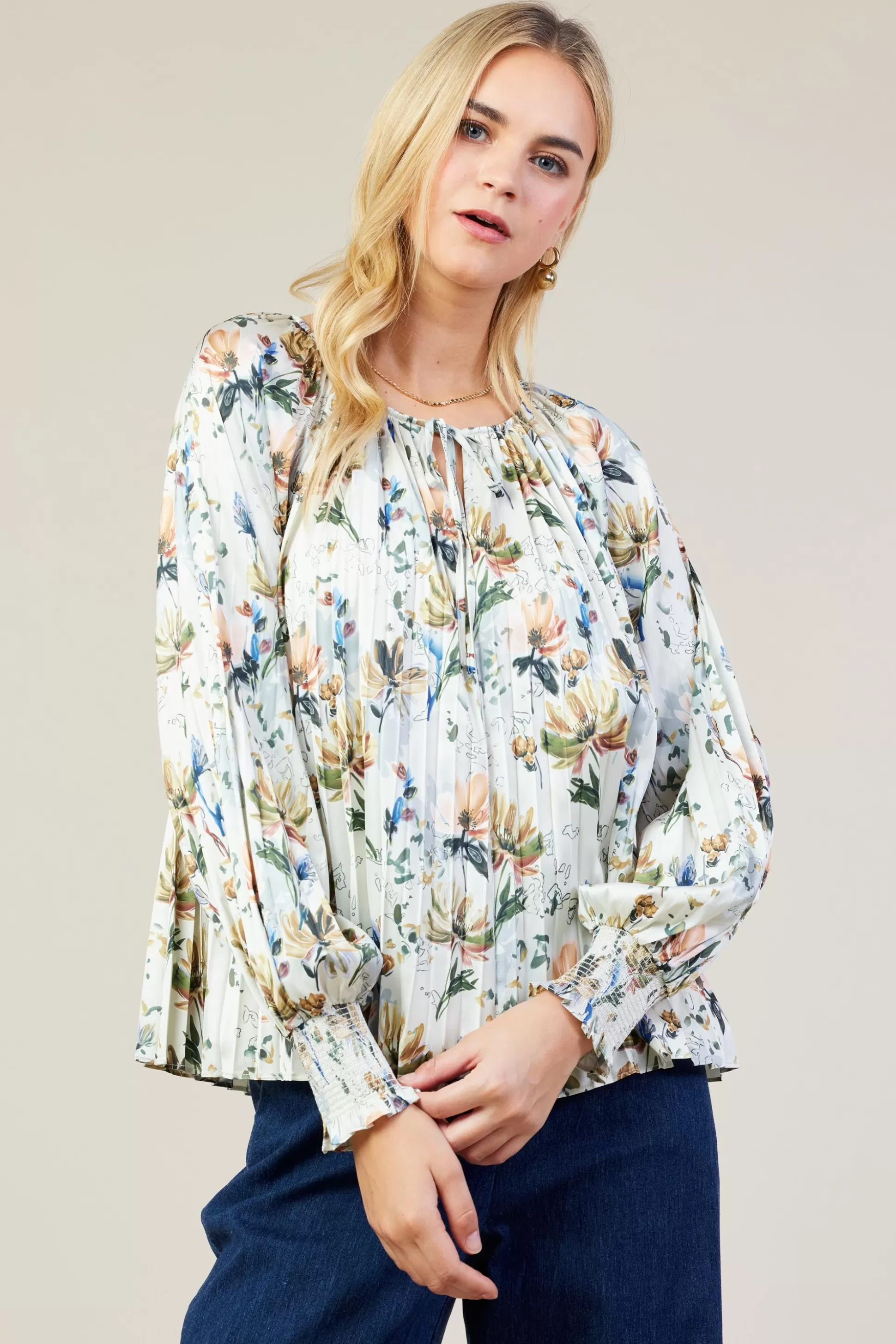 SKIES ARE BLUE Long Sleeve Tops>Amani Floral Print Pleated Blouse Creamfloral