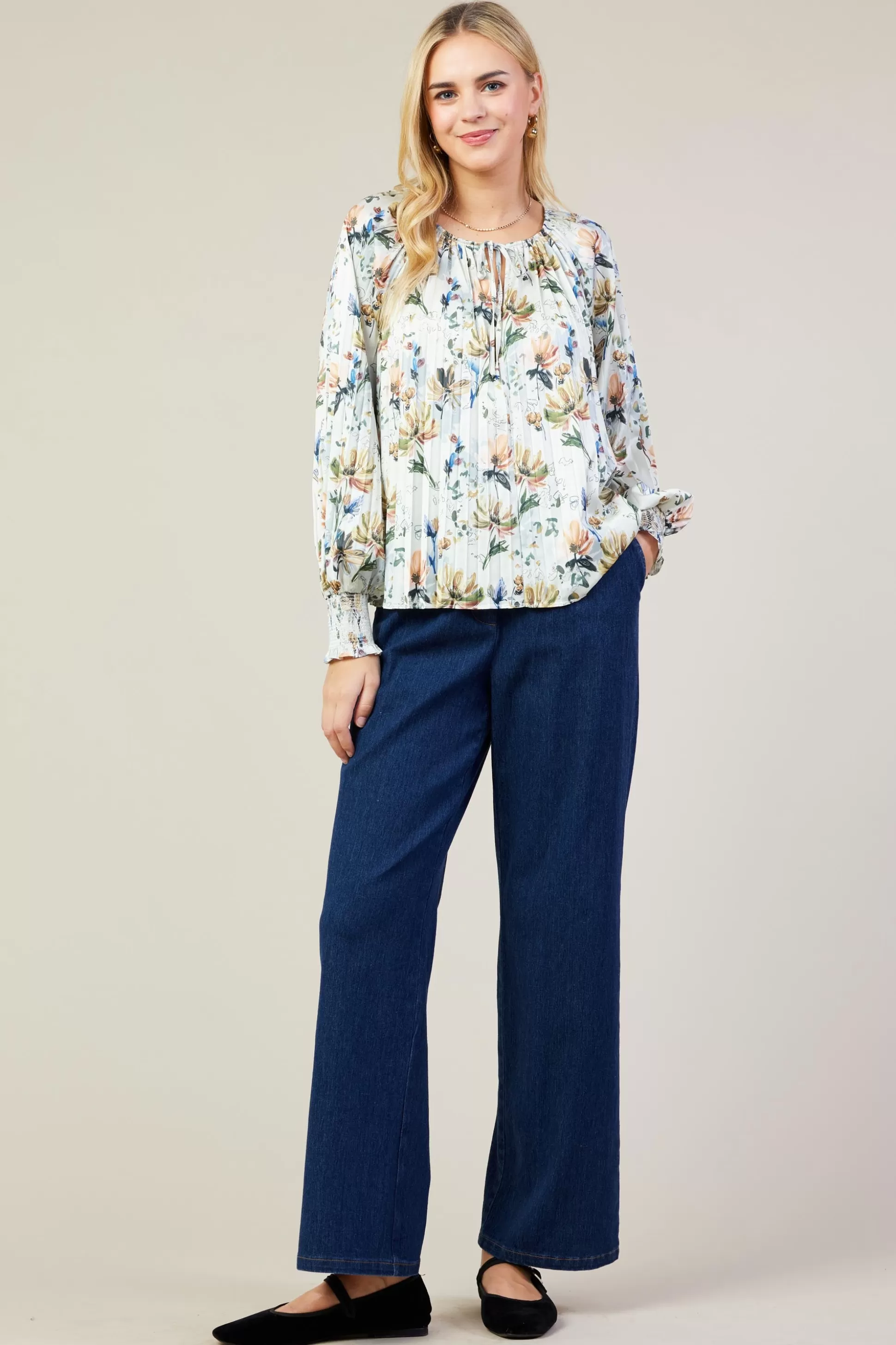 SKIES ARE BLUE Long Sleeve Tops>Amani Floral Print Pleated Blouse Creamfloral