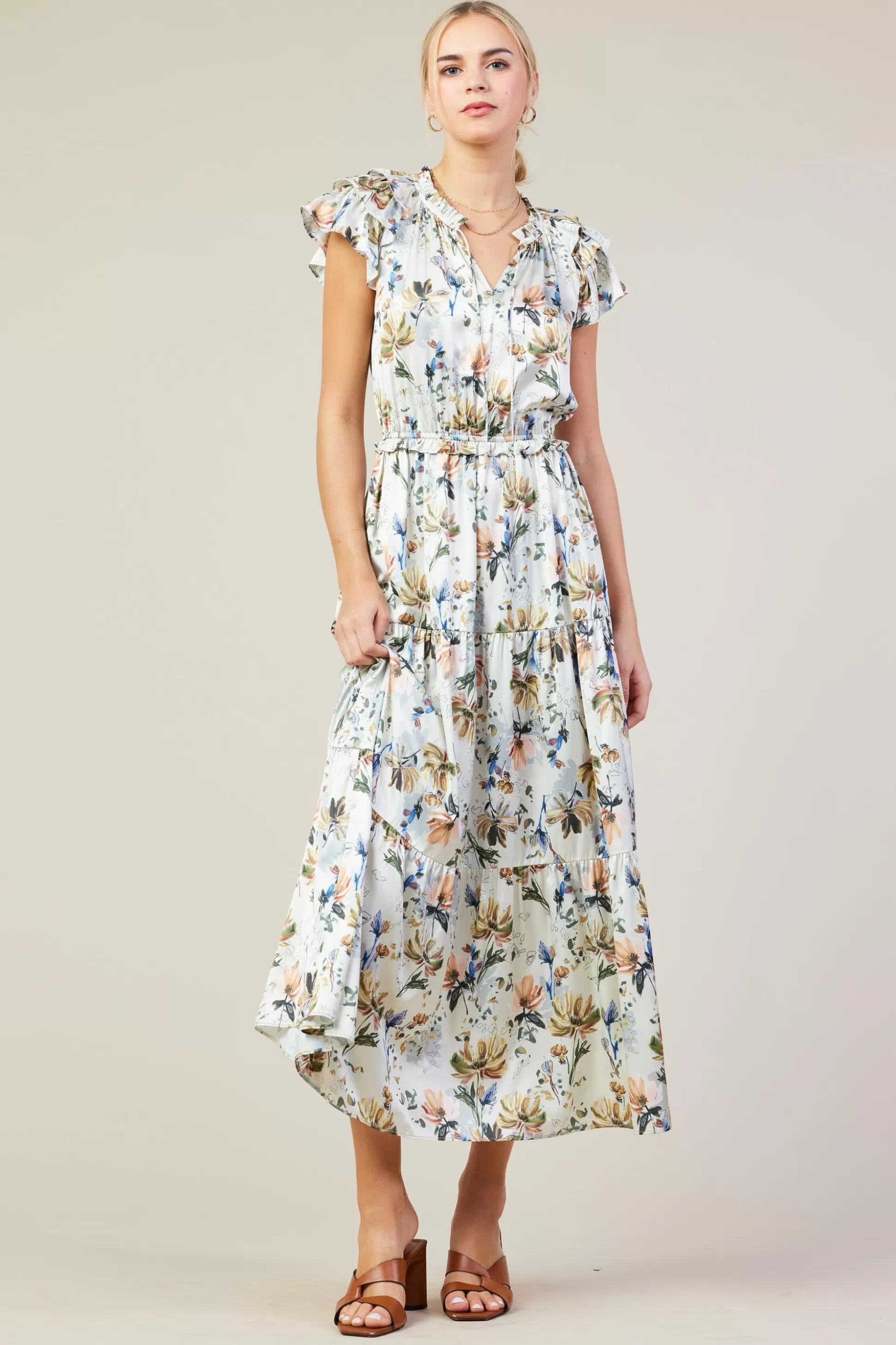 SKIES ARE BLUE Maxi Dresses>Amani Floral Print Sleeveless Maxi Dress Creamfloral