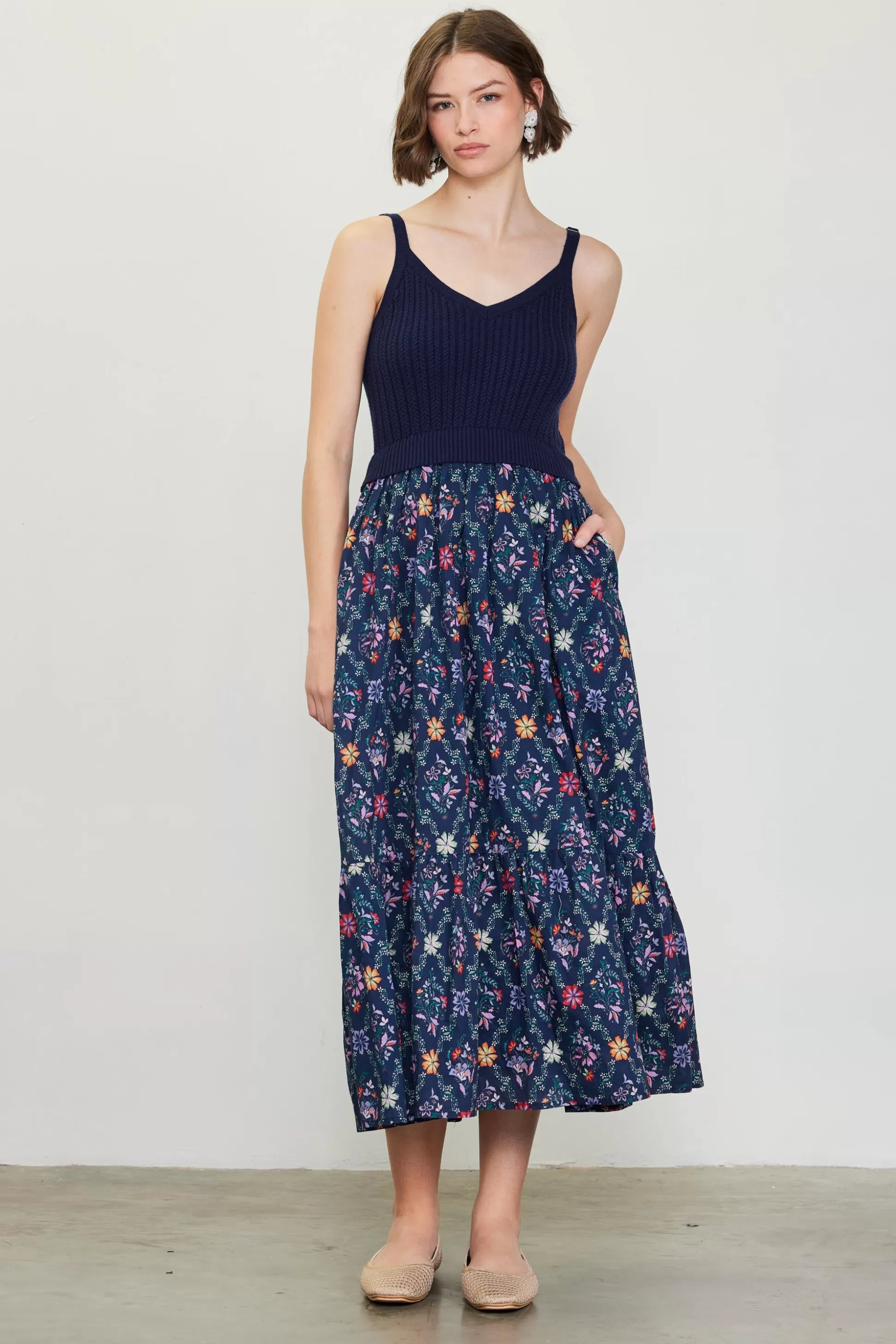 SKIES ARE BLUE Midi Dresses>Amelia Floral Print Midi Dress Navy