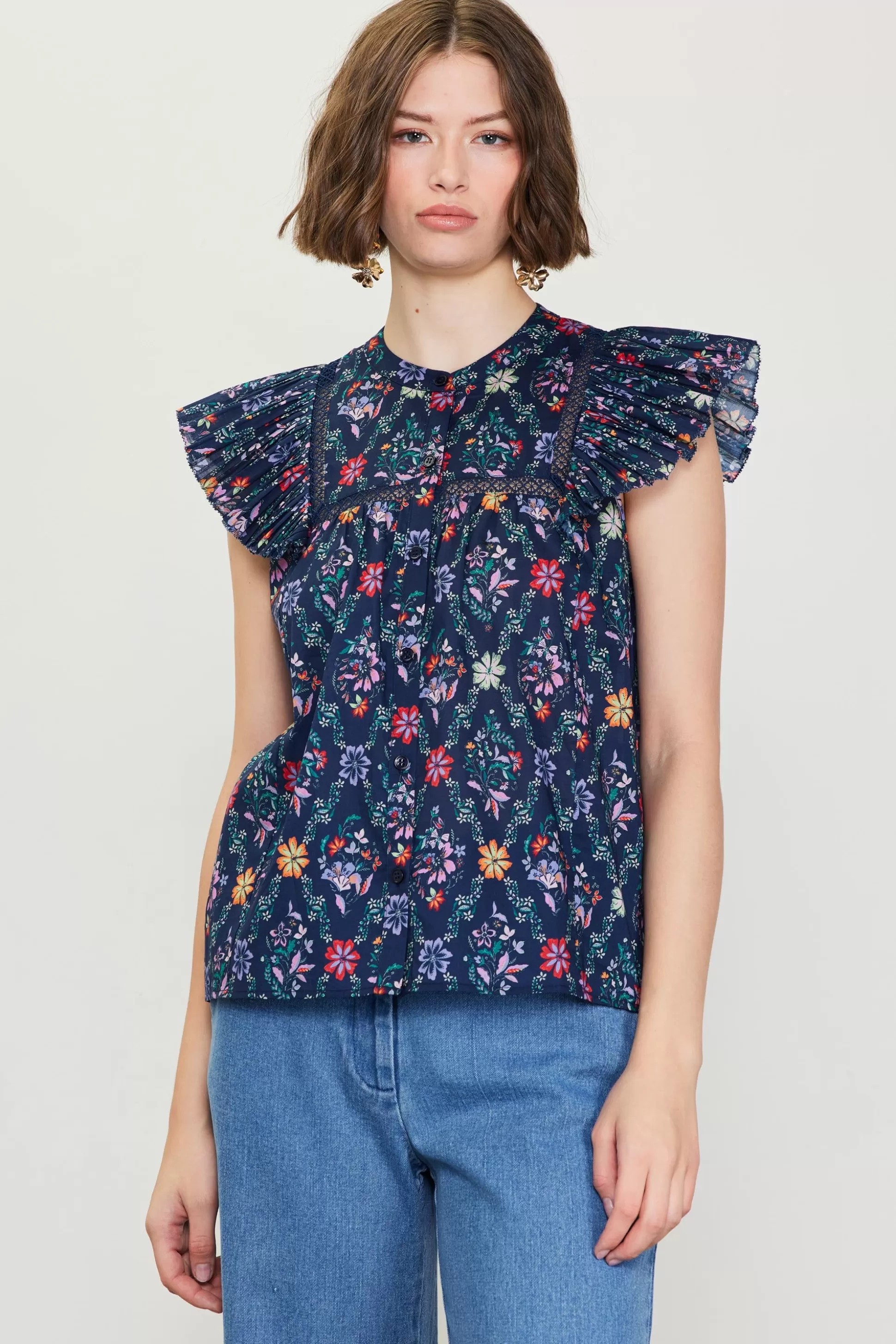 SKIES ARE BLUE Short Sleeve Tops>Amelia Floral Print Ruffle Sleeve Top Navy