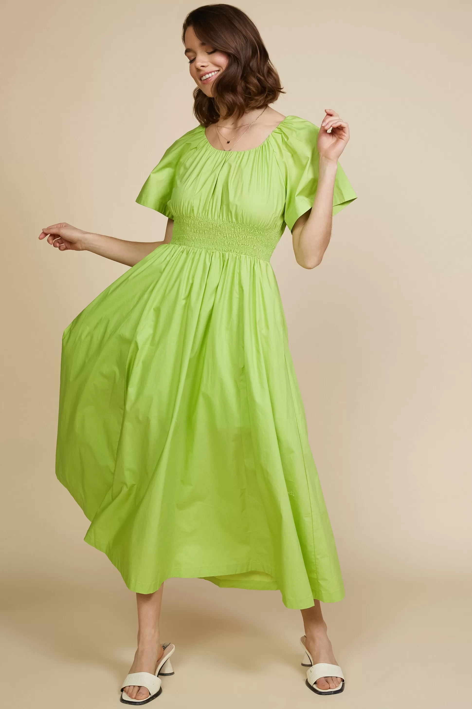 SKIES ARE BLUE Midi Dresses>Andrea Poplin Midi Dress Limegreen