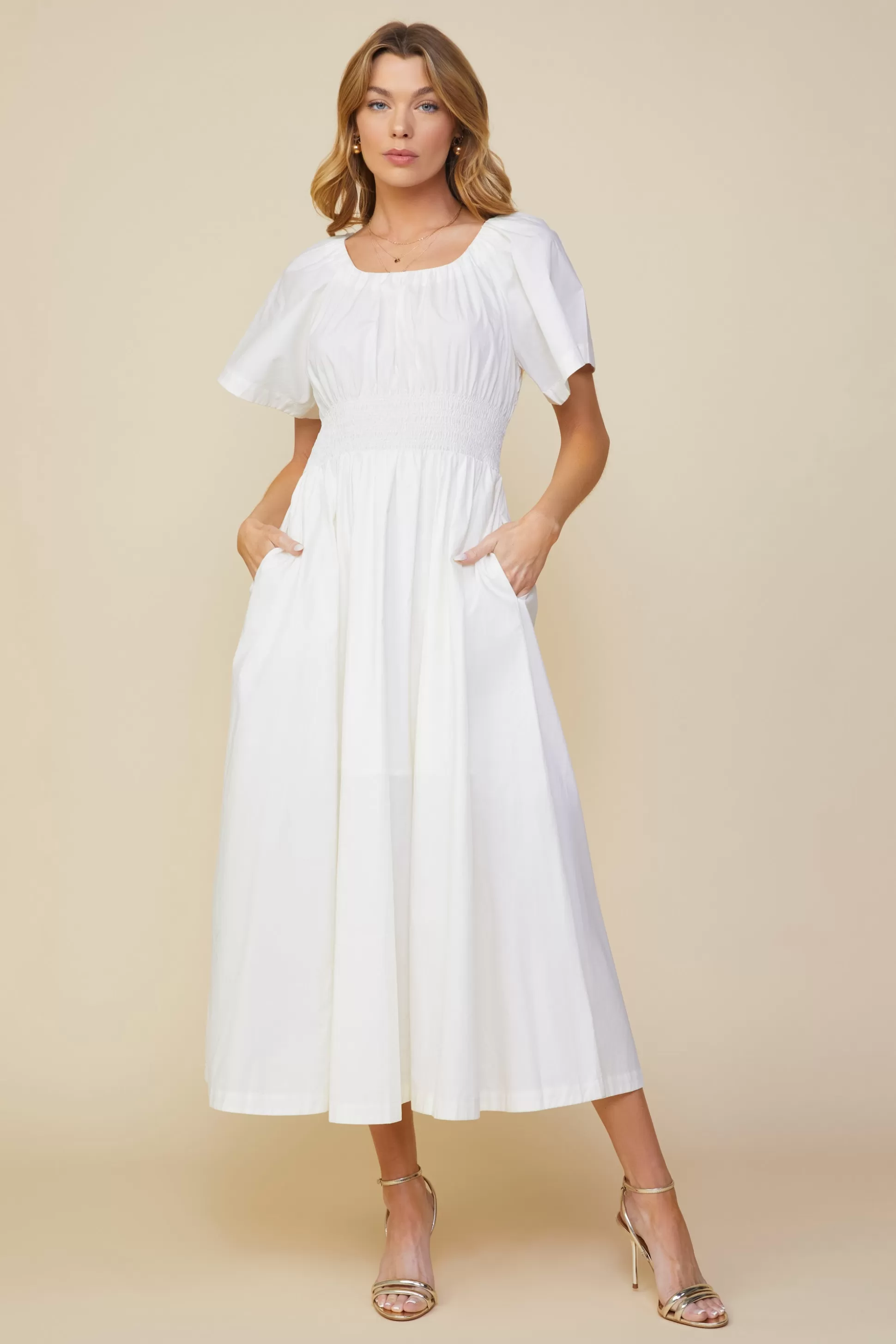 SKIES ARE BLUE Midi Dresses>Andrea Poplin Midi Dress Offwhite