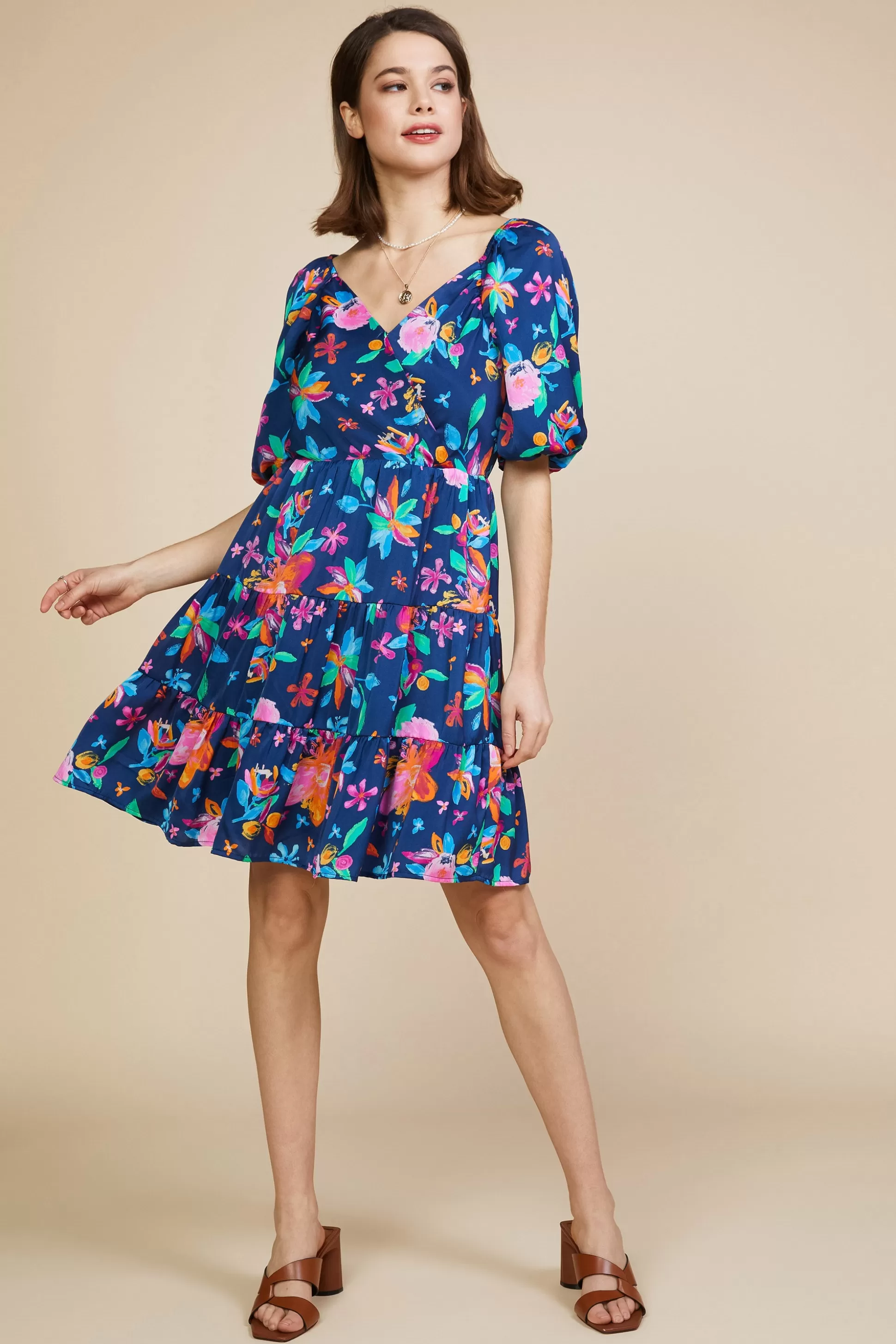 SKIES ARE BLUE Mini Dresses>Aquatic Floral Surplice Short Dress Navy-hyperpink