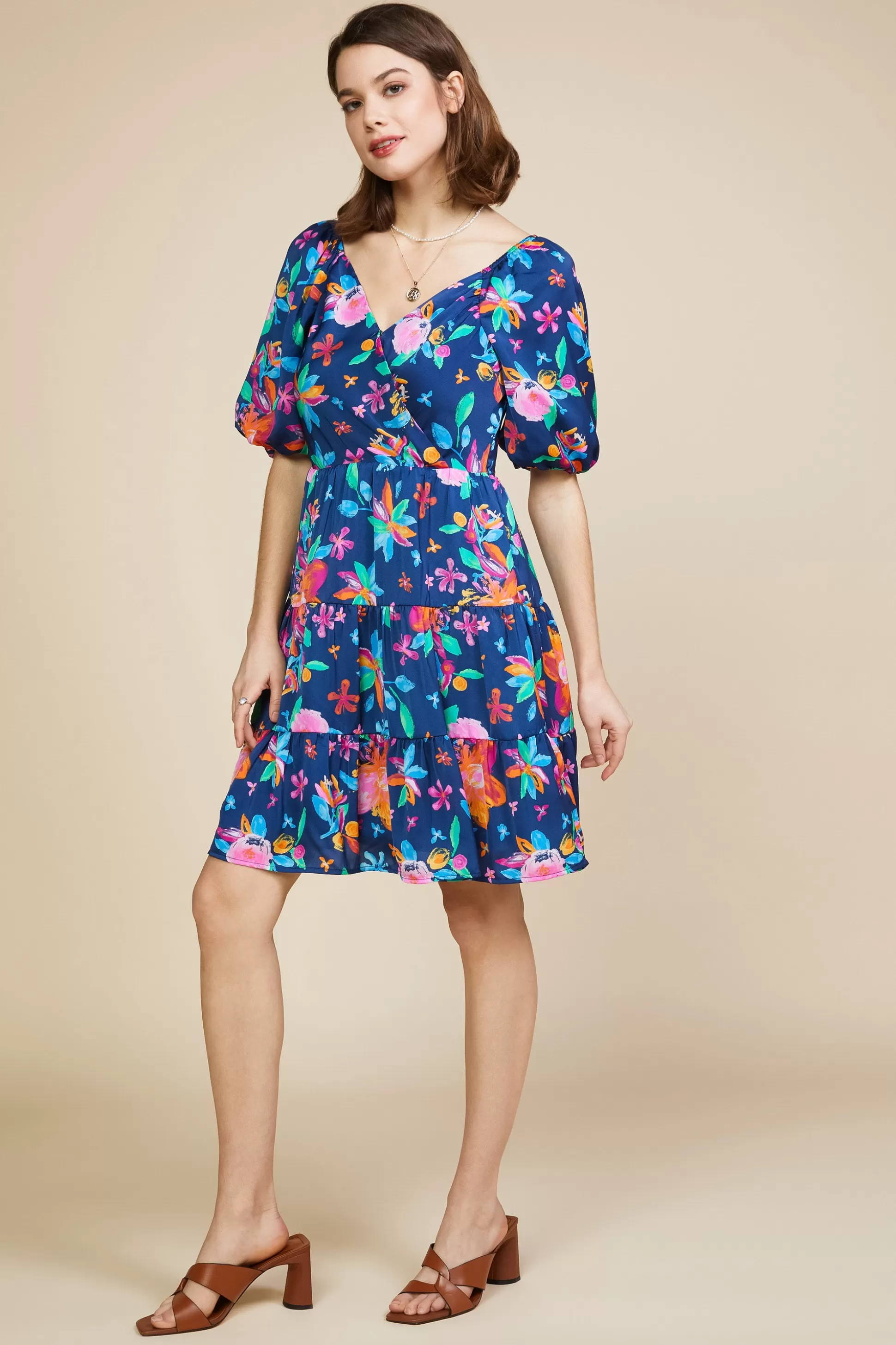 SKIES ARE BLUE Mini Dresses>Aquatic Floral Surplice Short Dress Navy-hyperpink