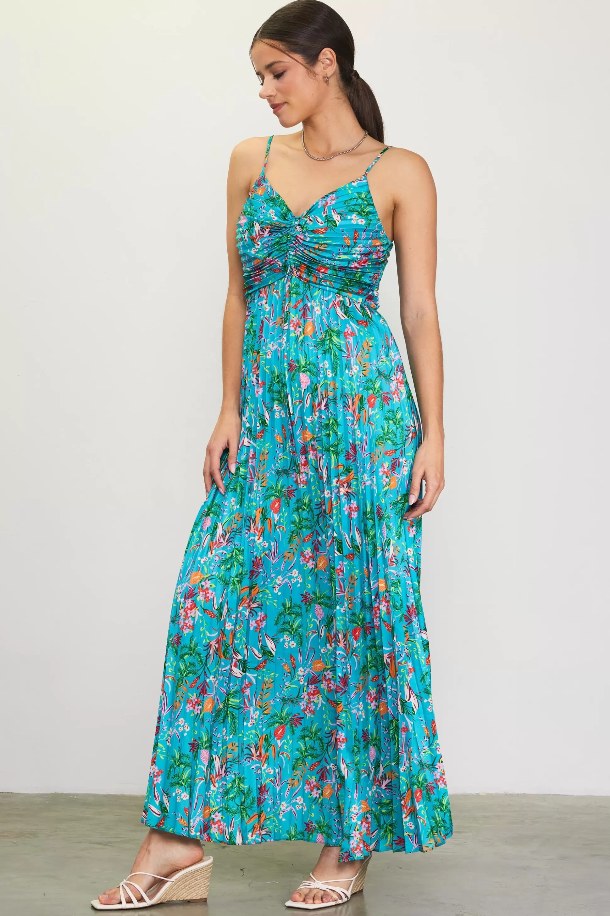 SKIES ARE BLUE Maxi Dresses>Ariel Tropical Print Pleated Maxi Dress Tealgreen