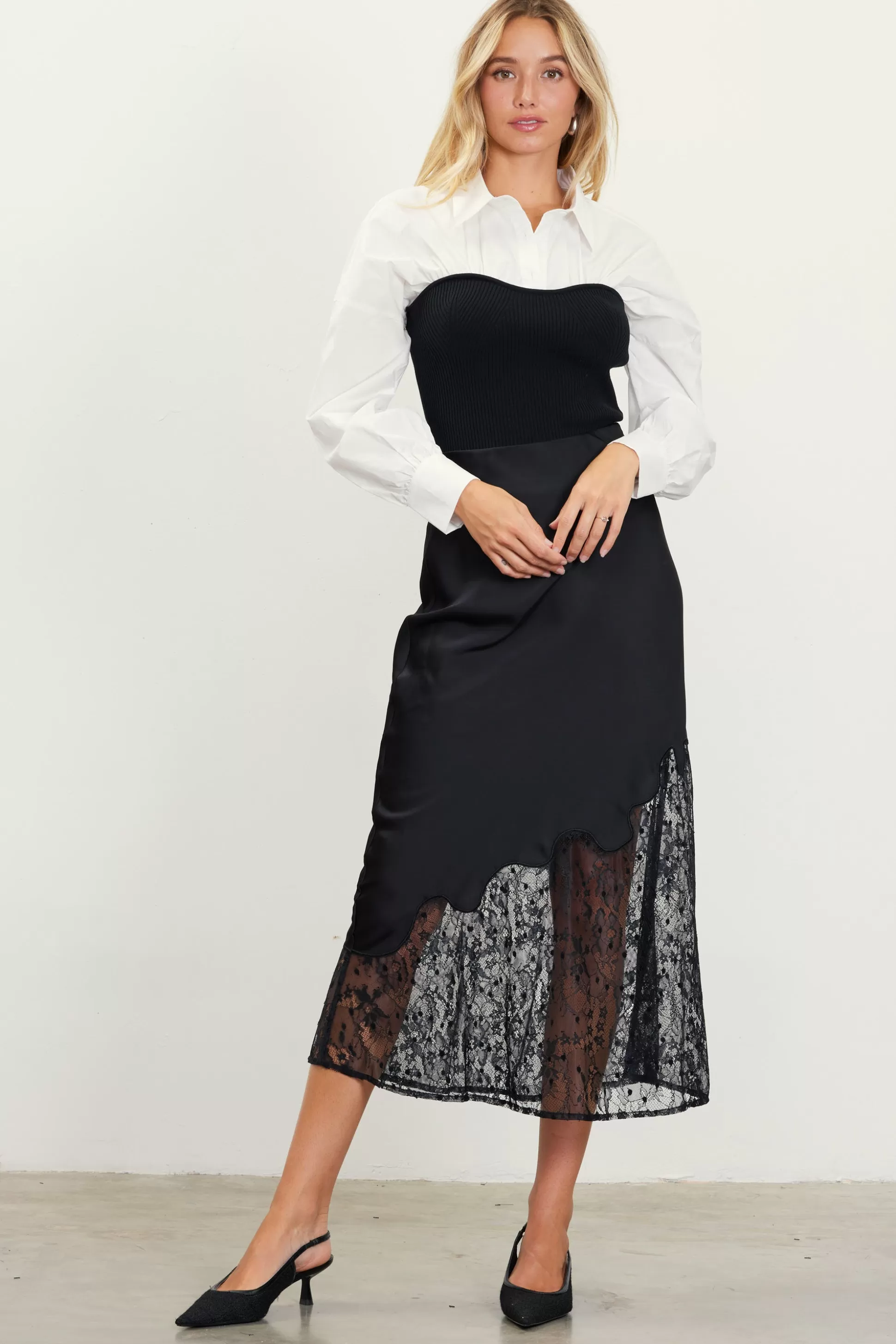 SKIES ARE BLUE Skirts>Asymmetrical Lace Satin Skirt Black