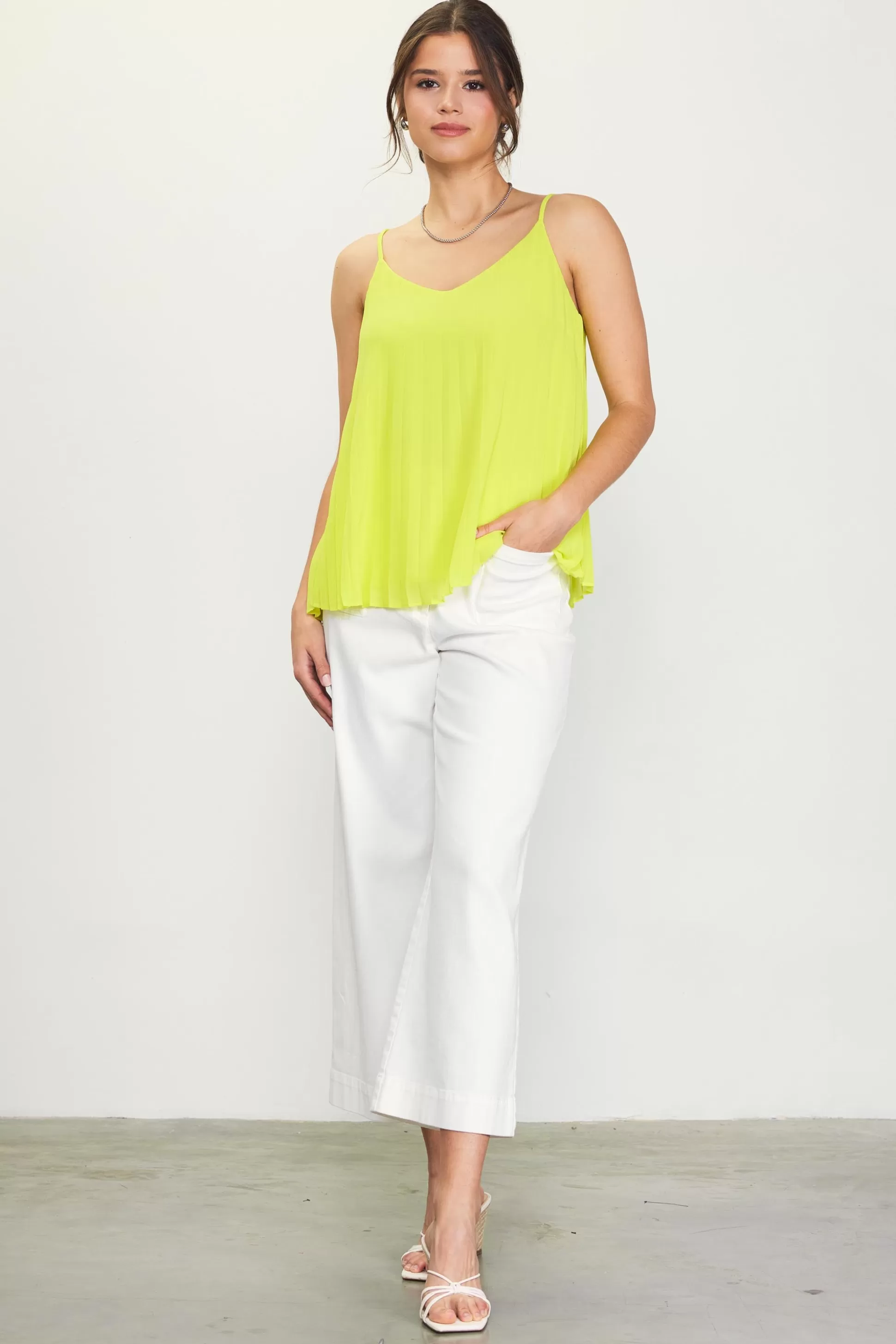 SKIES ARE BLUE Sleeveless Tops>Back Strap Detail Pleated Cami Limeyellow