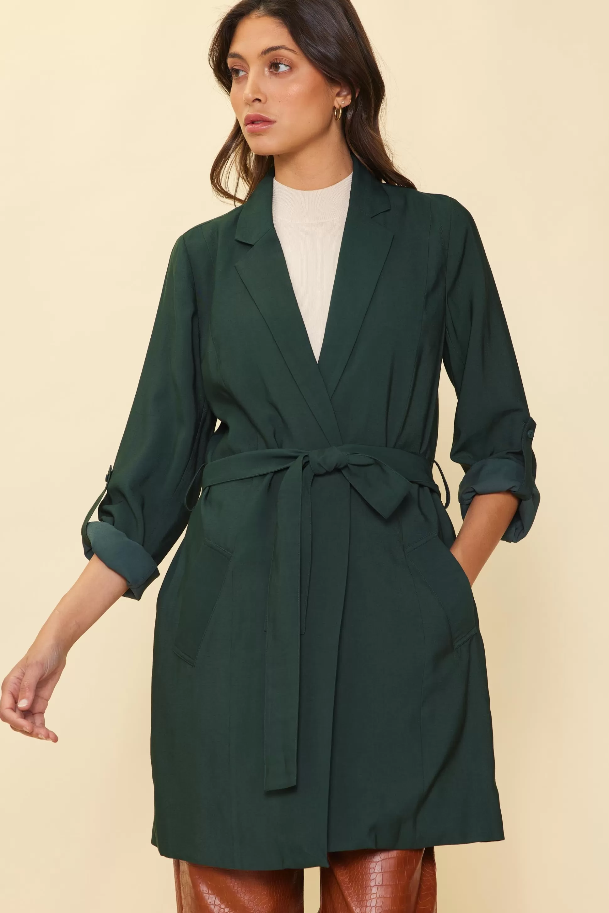 SKIES ARE BLUE Outerwear>Belted Trench Coat Gemstonegreen