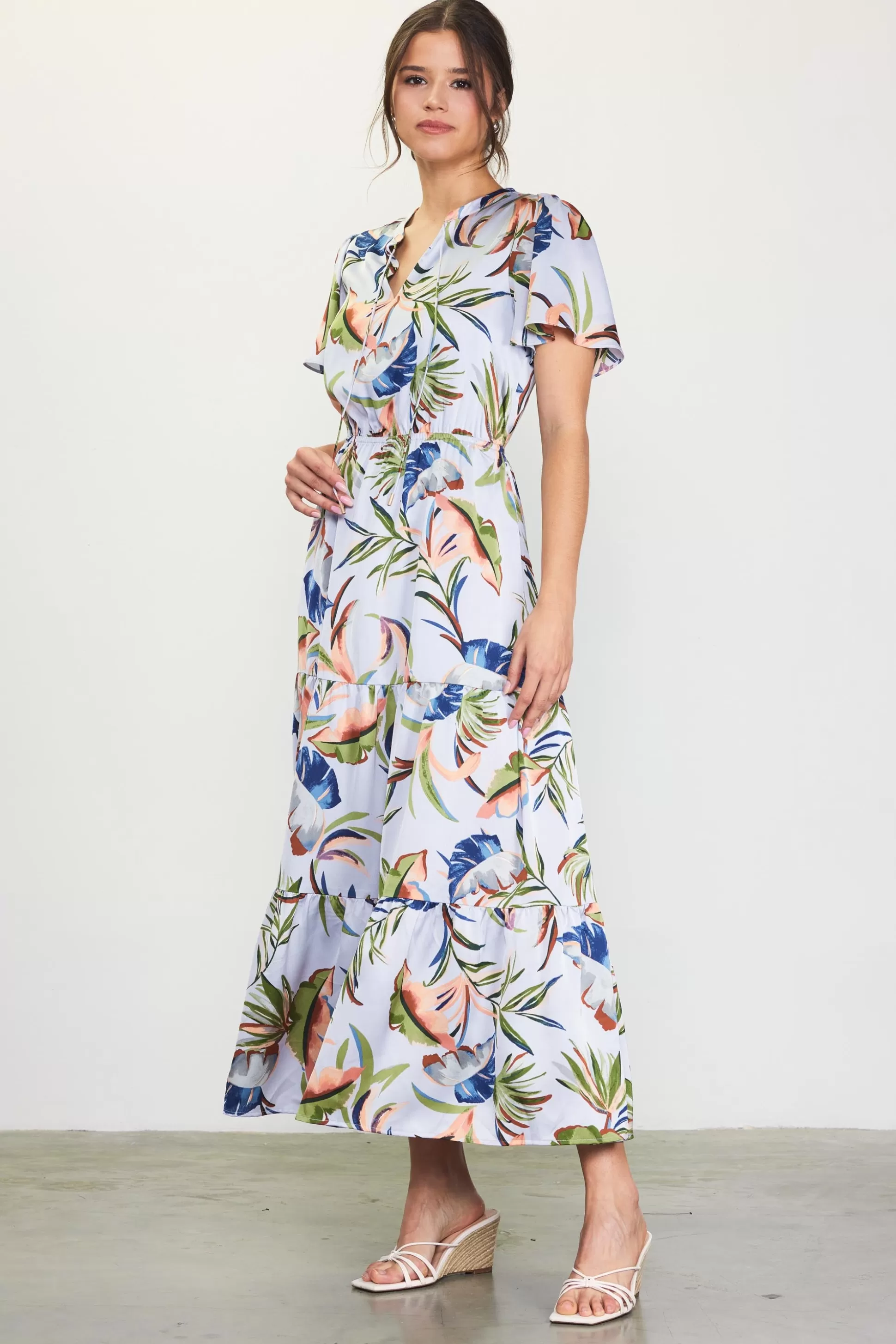 SKIES ARE BLUE Maxi Dresses>Bianca Floral Spring Maxi Dress Silver-green