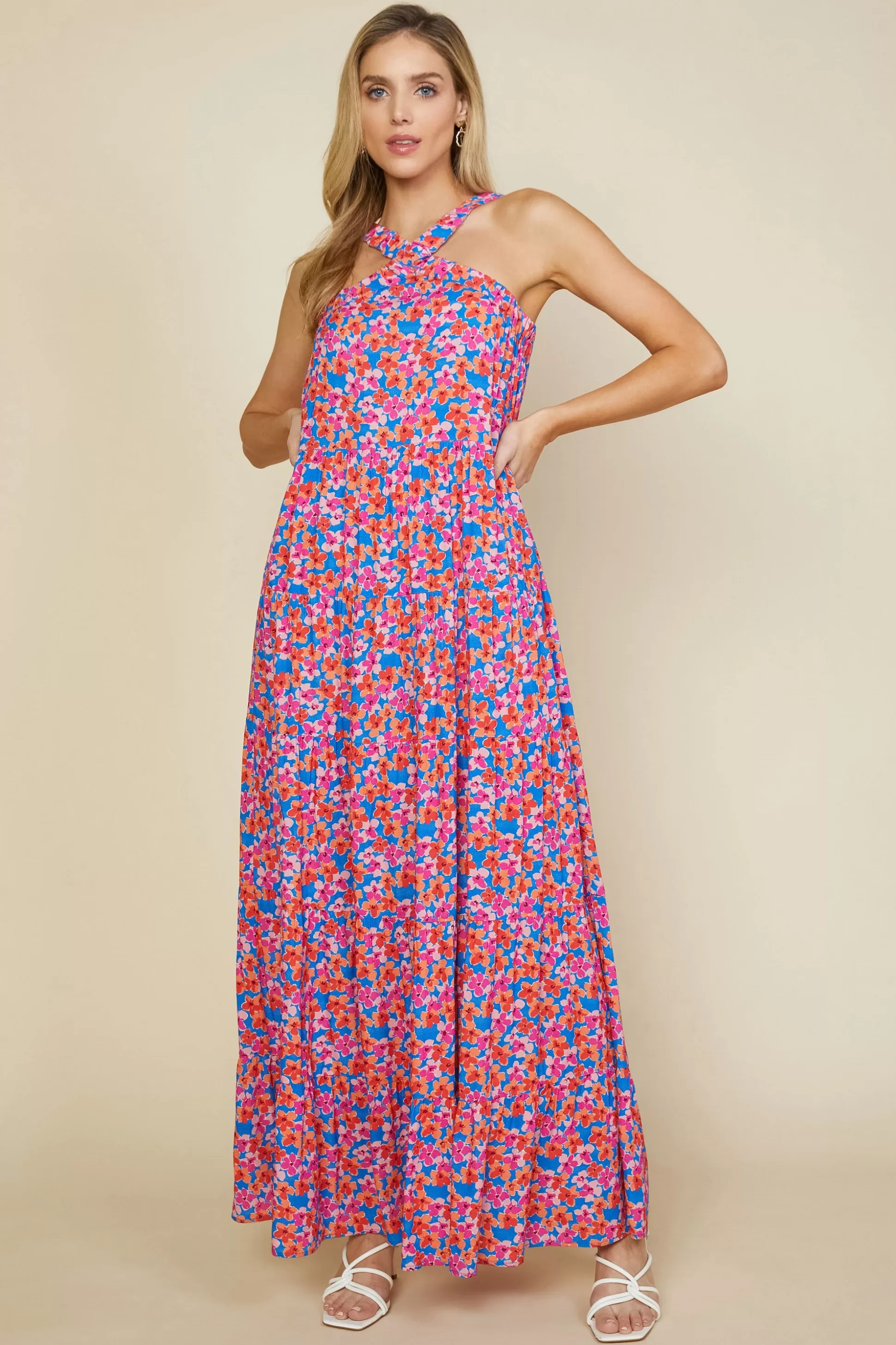 SKIES ARE BLUE Maxi Dresses>Bohemian Floral Crossed Neck Maxi Dress Vividbluetangerine