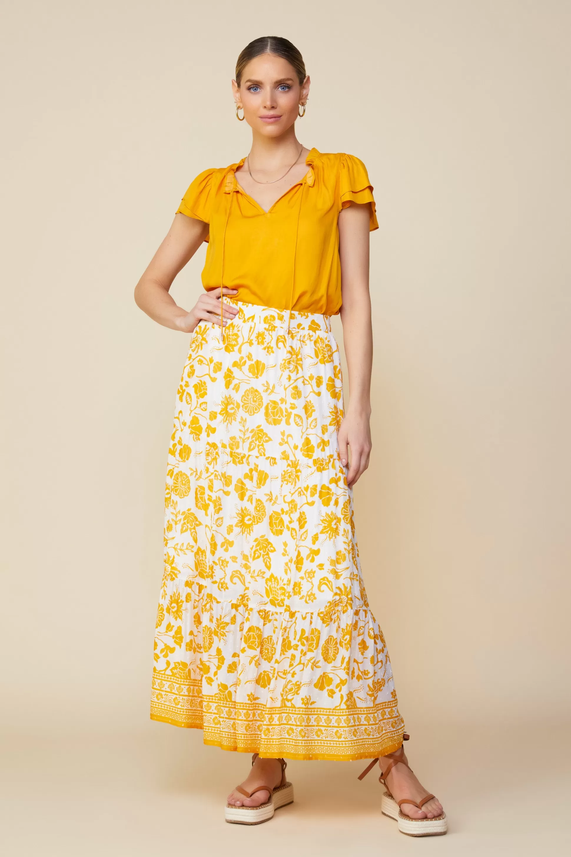 SKIES ARE BLUE Skirts>Border Print Maxi Skirt White-marigold