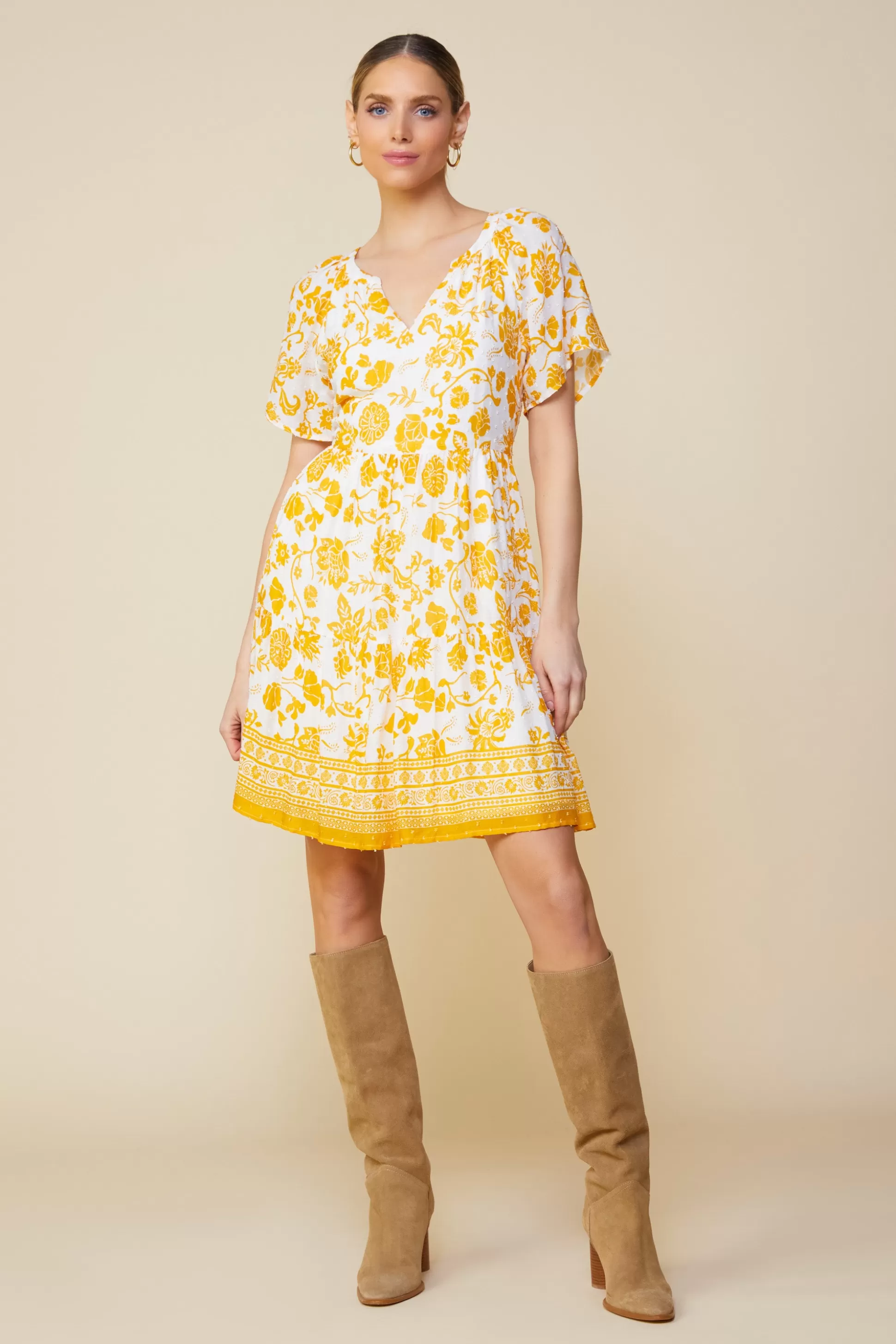 SKIES ARE BLUE Mini Dresses>Border Print Mini Dress White-marigold