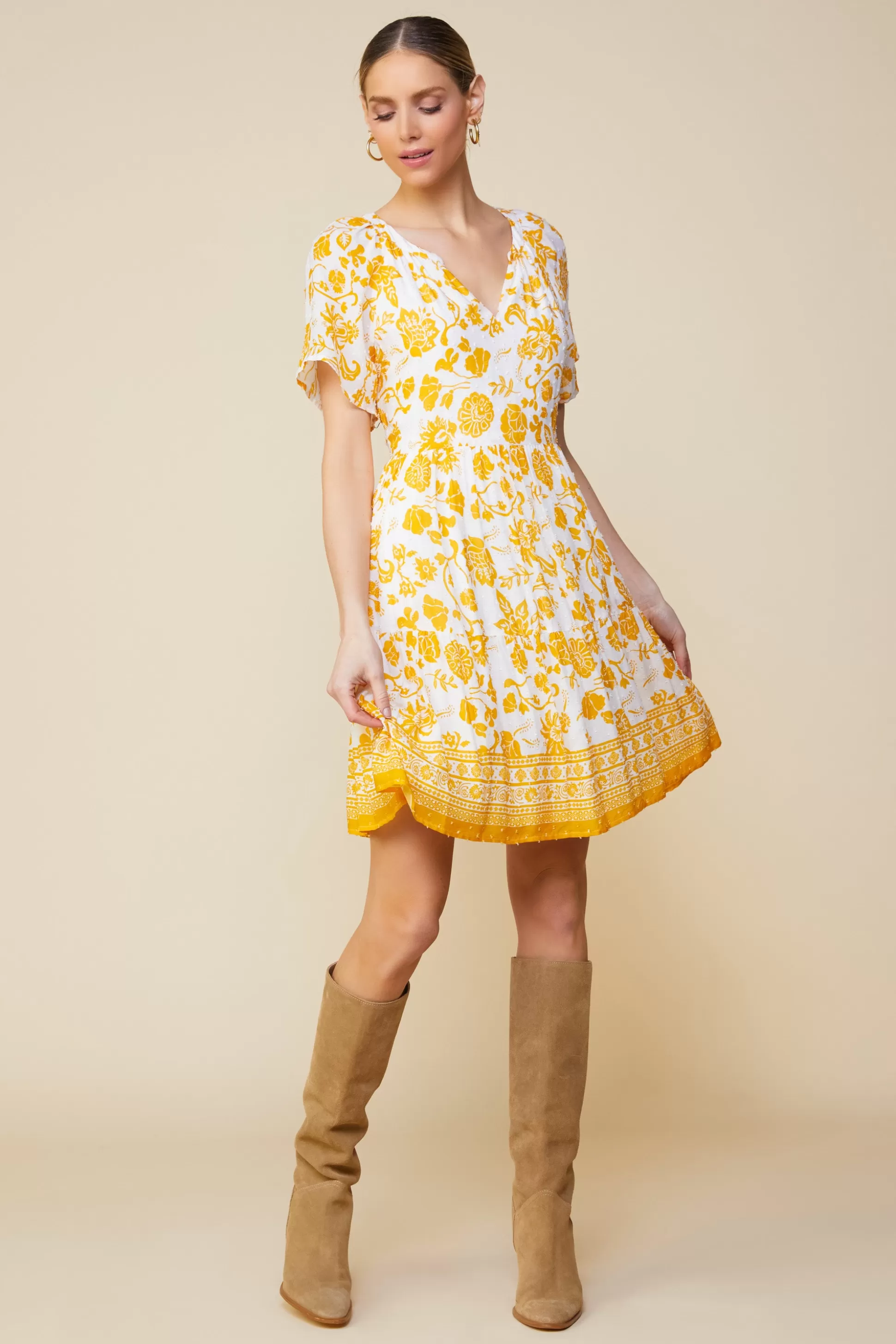 SKIES ARE BLUE Mini Dresses>Border Print Mini Dress White-marigold