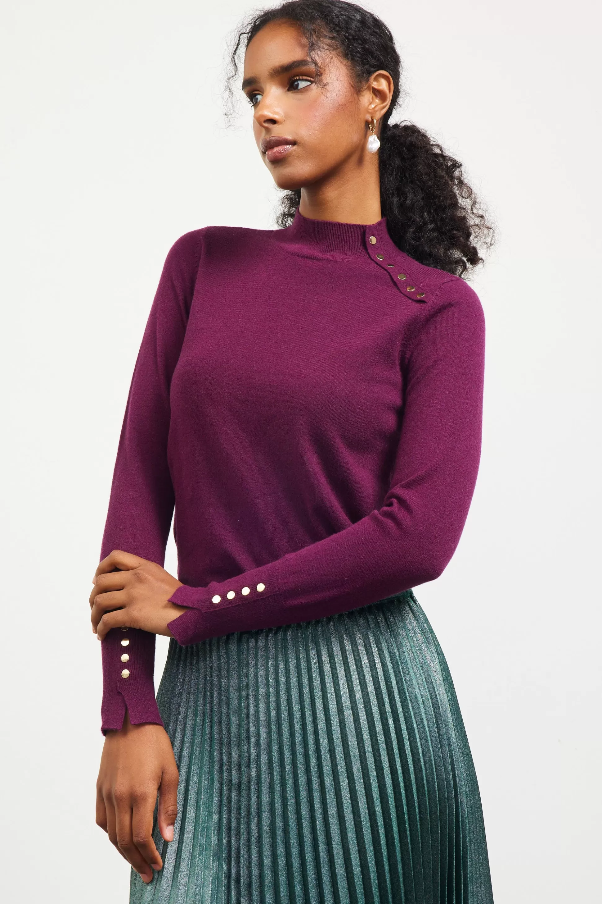 SKIES ARE BLUE Long Sleeve Tops | Sweaters>Button Detail Mock Neck Sweater Plum