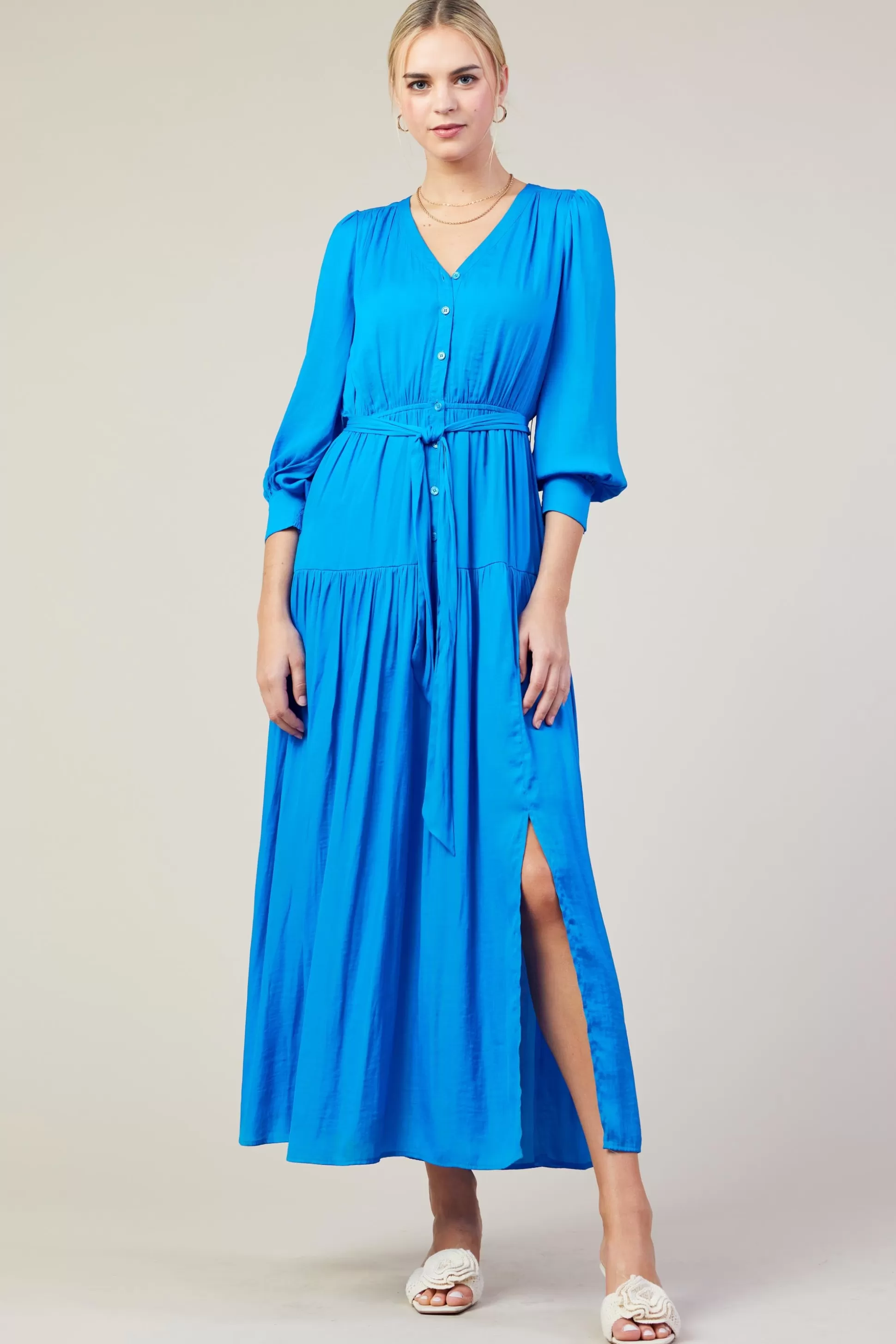 SKIES ARE BLUE Maxi Dresses>Button Detail Tiered Maxi Dress Vividblue