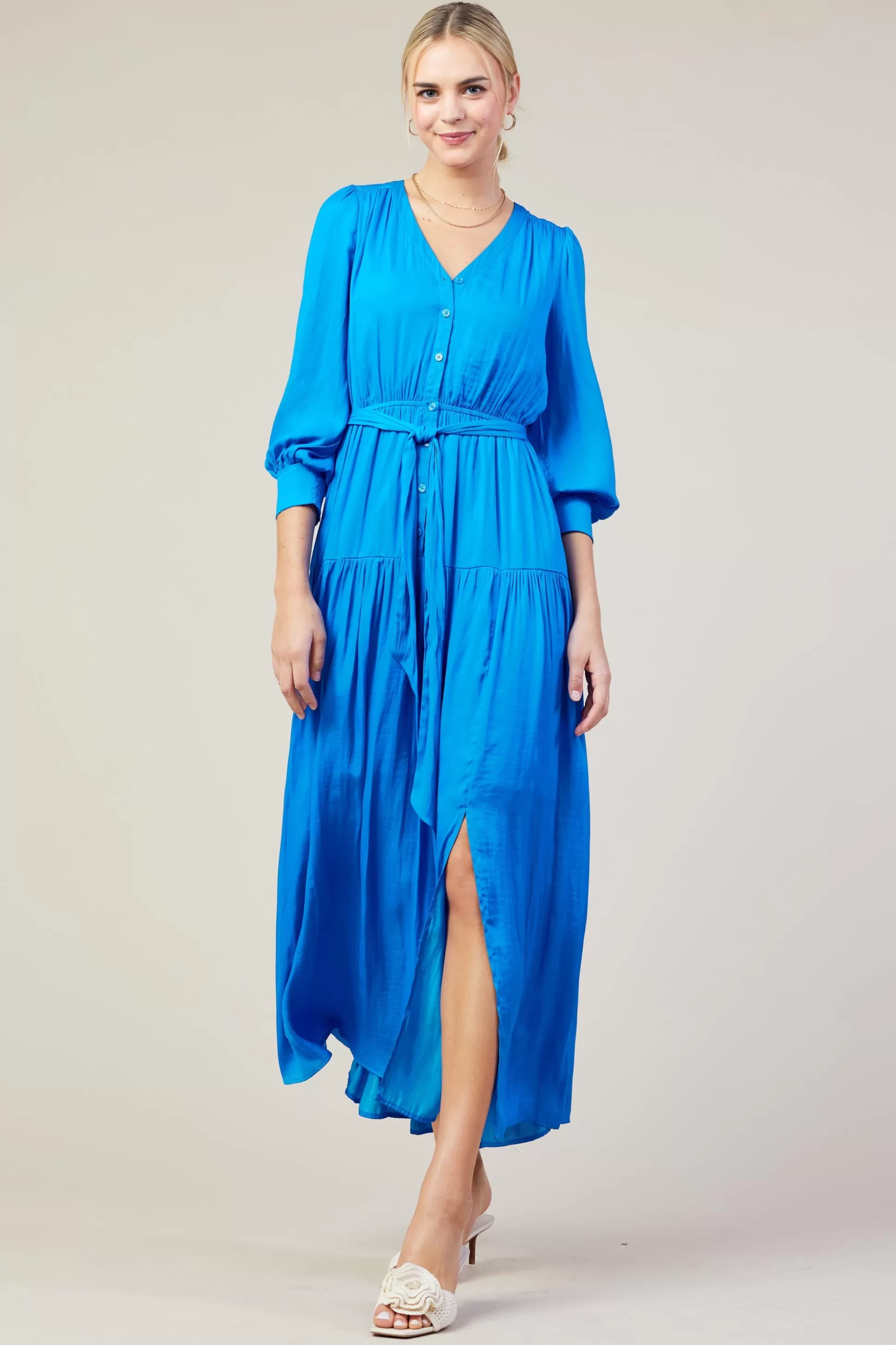 SKIES ARE BLUE Maxi Dresses>Button Detail Tiered Maxi Dress Vividblue