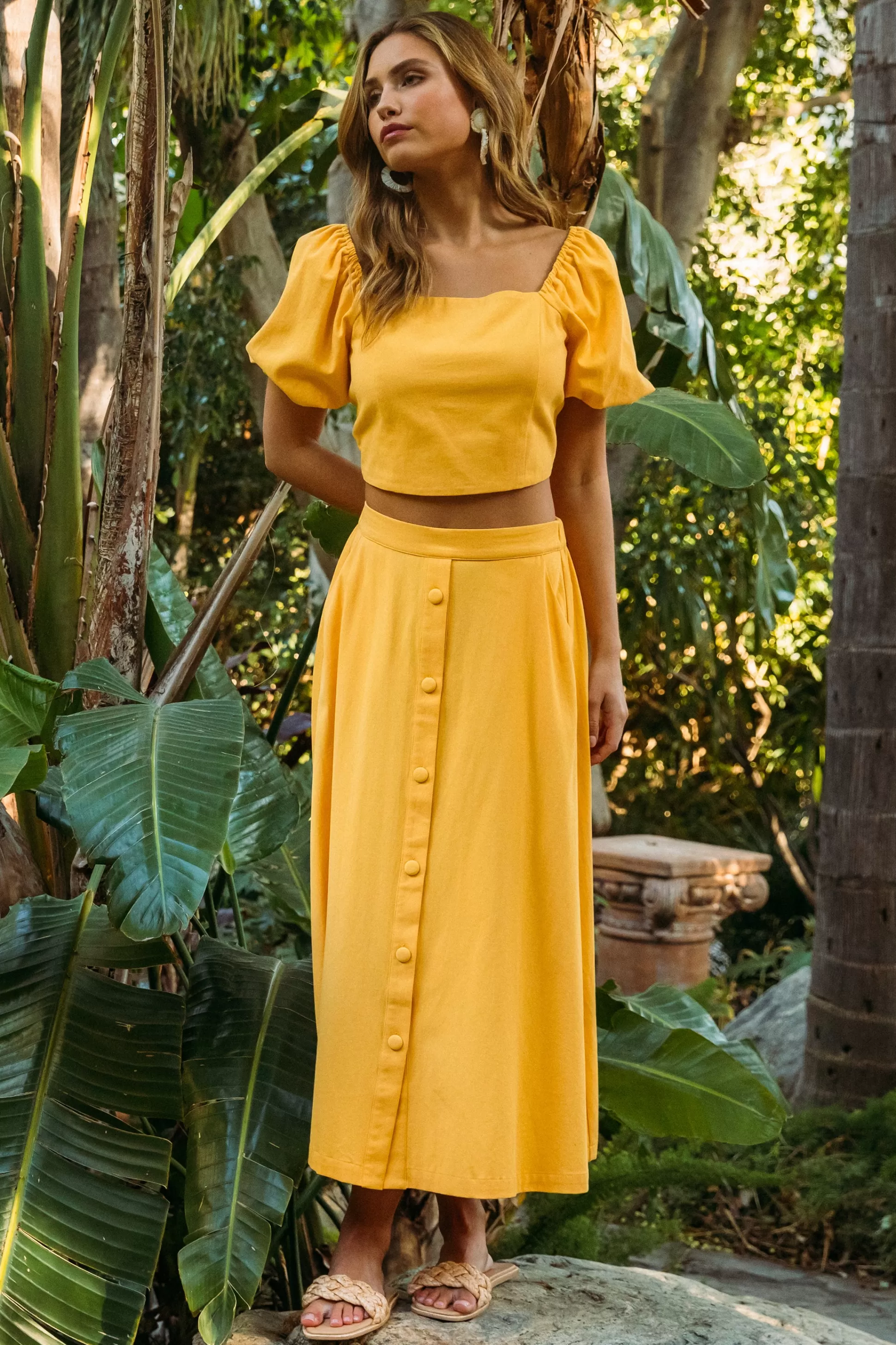 SKIES ARE BLUE Skirts>Button Down Maxi Skirt Sunflower