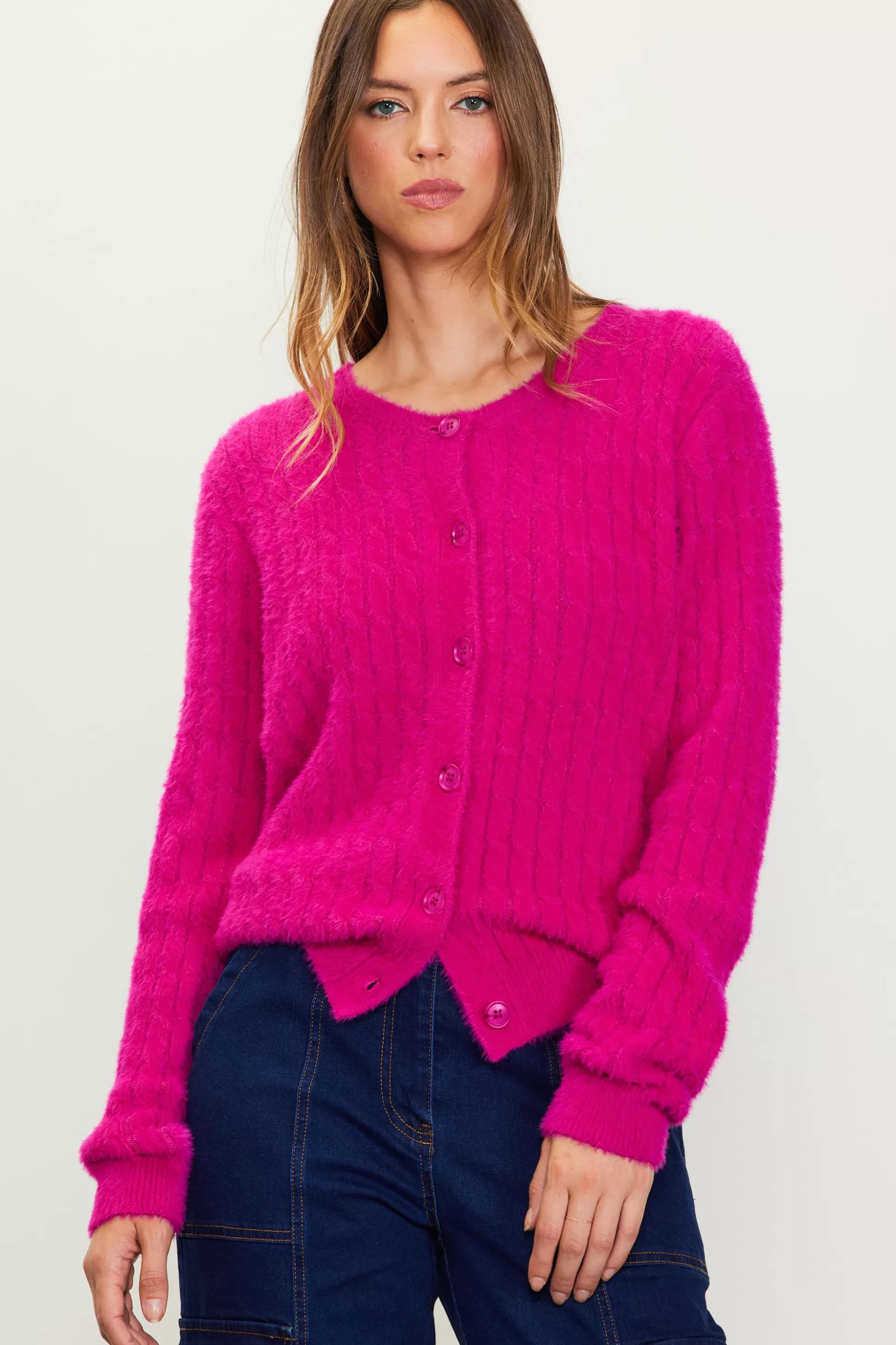 SKIES ARE BLUE Long Sleeve Tops | Sweaters>Cable-Knit Cardigan Magenta