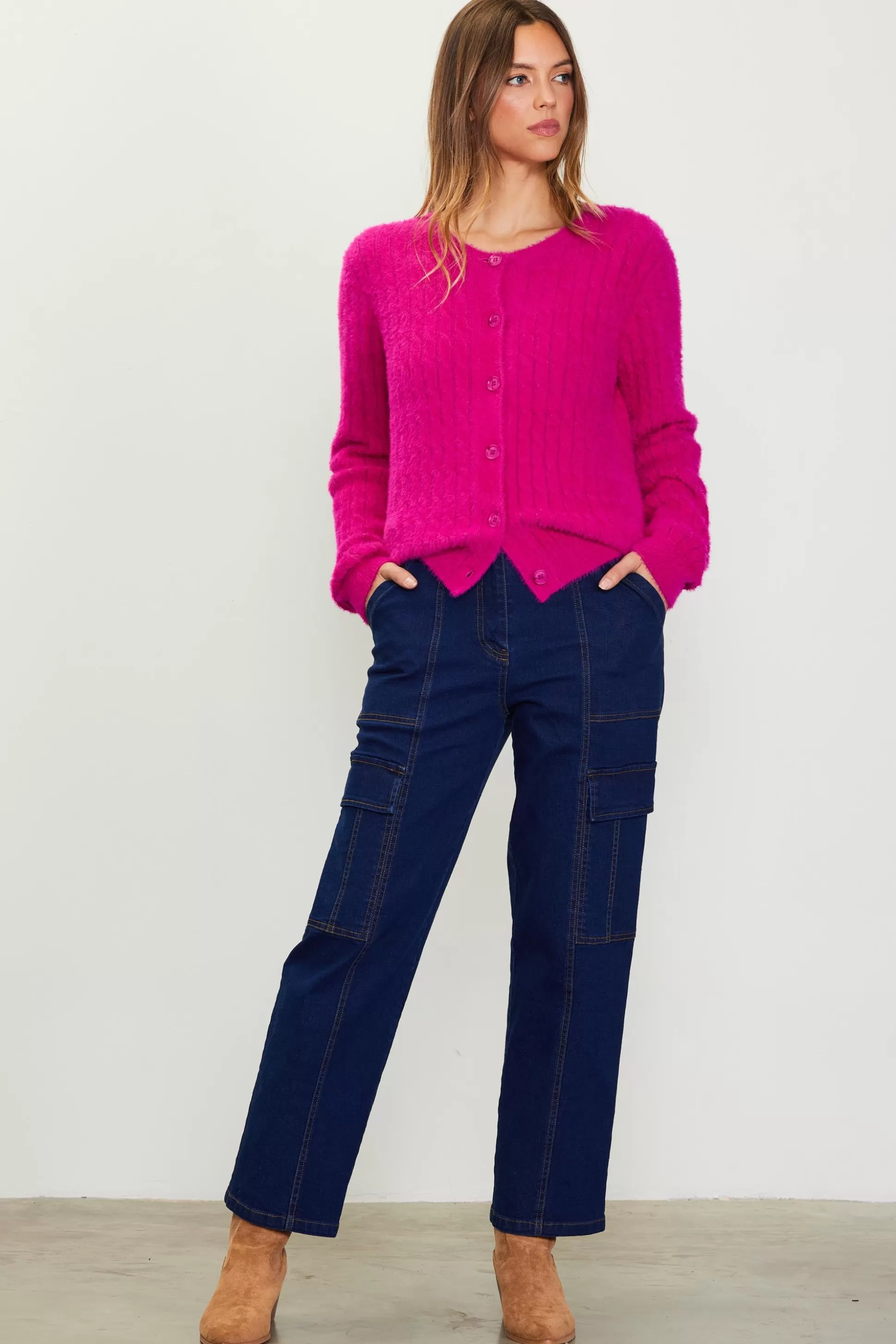 SKIES ARE BLUE Long Sleeve Tops | Sweaters>Cable-Knit Cardigan Magenta