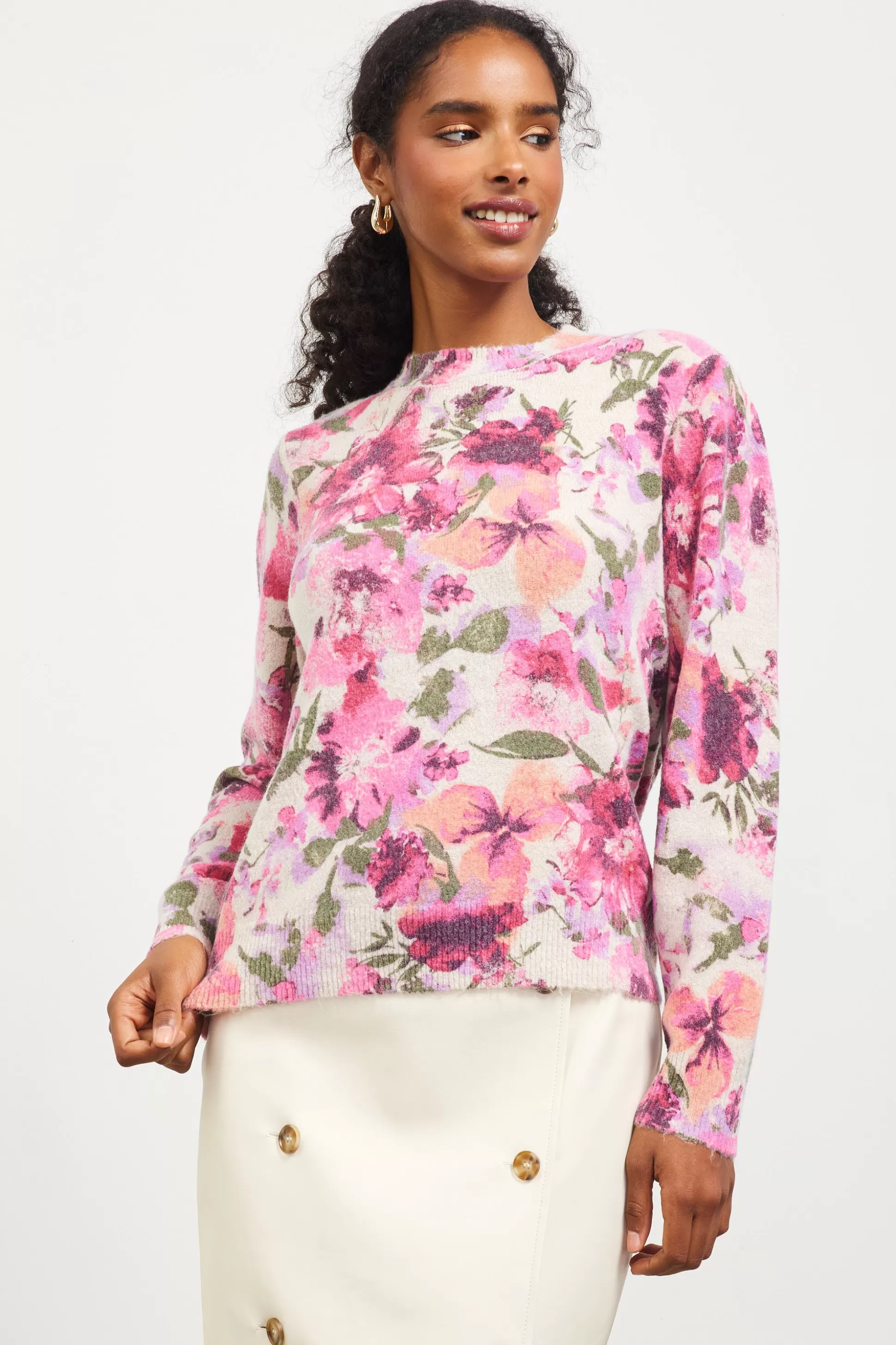 SKIES ARE BLUE Sweaters>Camelia Floral Print Sweater Blush-plum