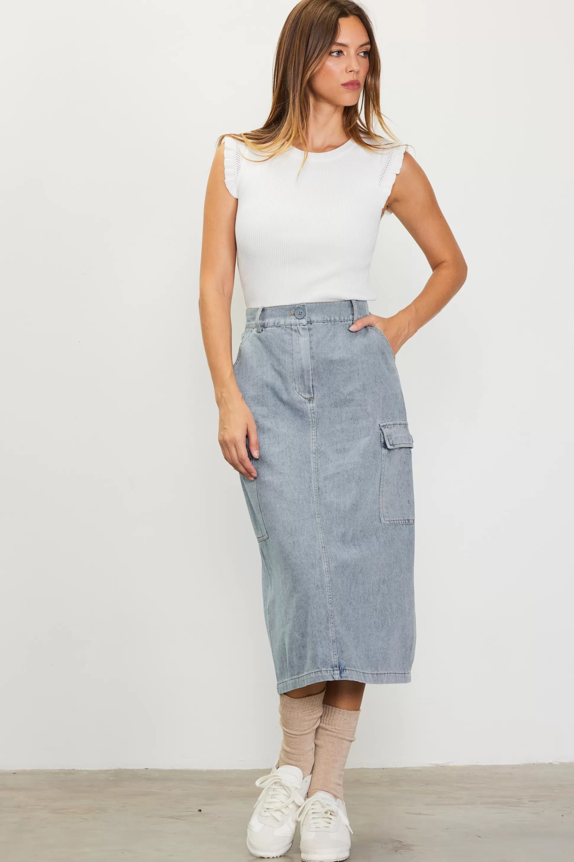 SKIES ARE BLUE Skirts>Cargo Detail Midi Skirt Denim