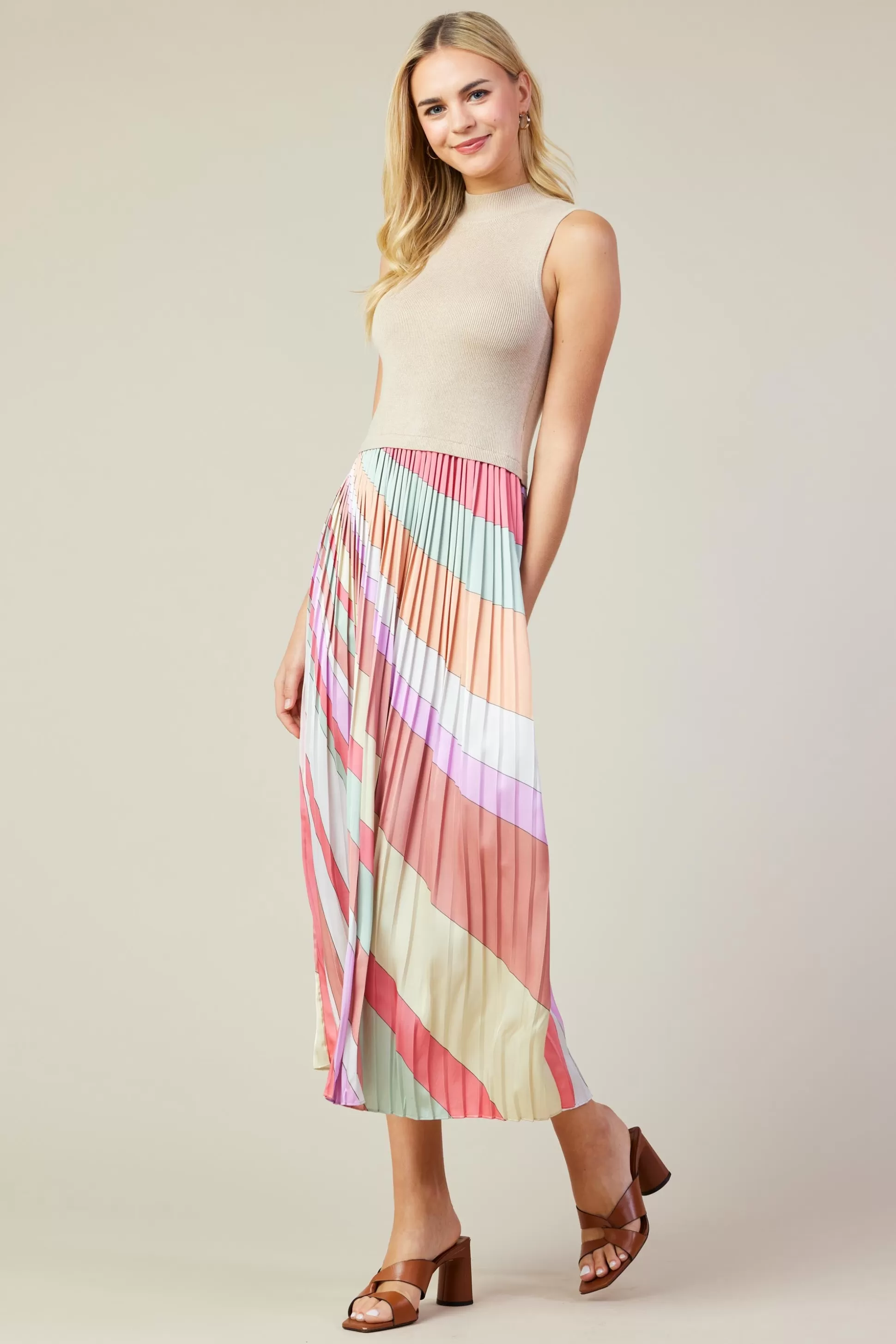 SKIES ARE BLUE Midi Dresses>Carmine Print Mixed Media Pleated Midi Dress Multistripe