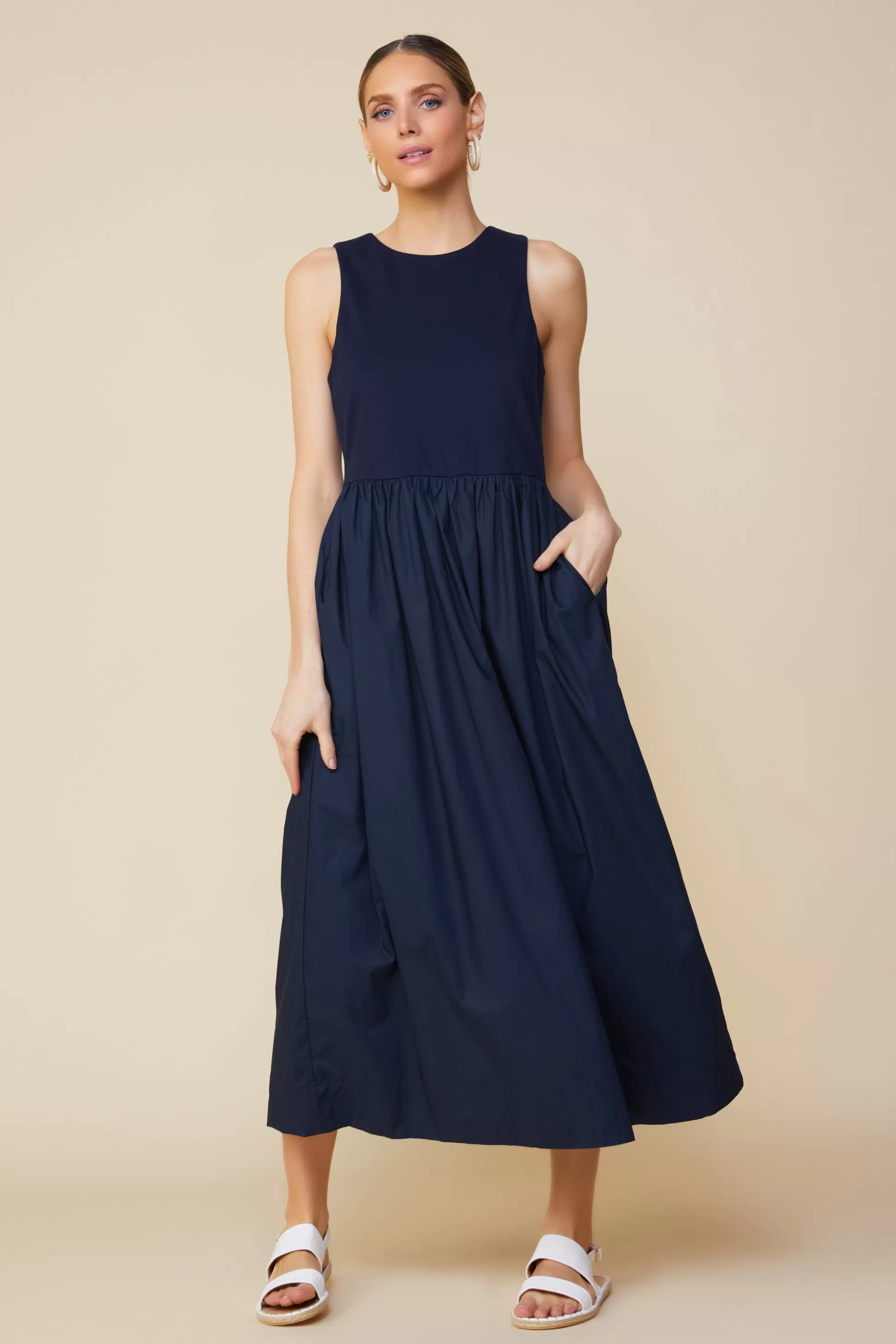 SKIES ARE BLUE Midi Dresses>Celia Mixed Media Midi Dress Navy