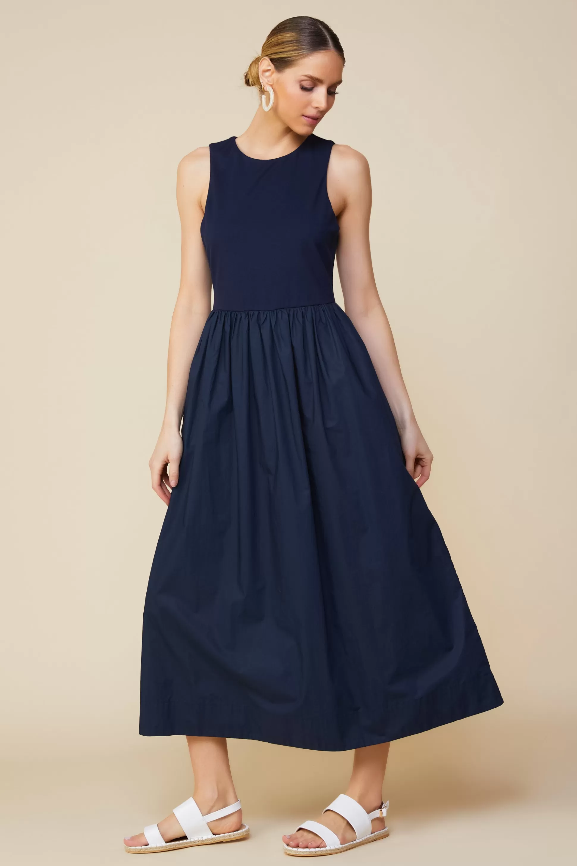 SKIES ARE BLUE Midi Dresses>Celia Mixed Media Midi Dress Navy