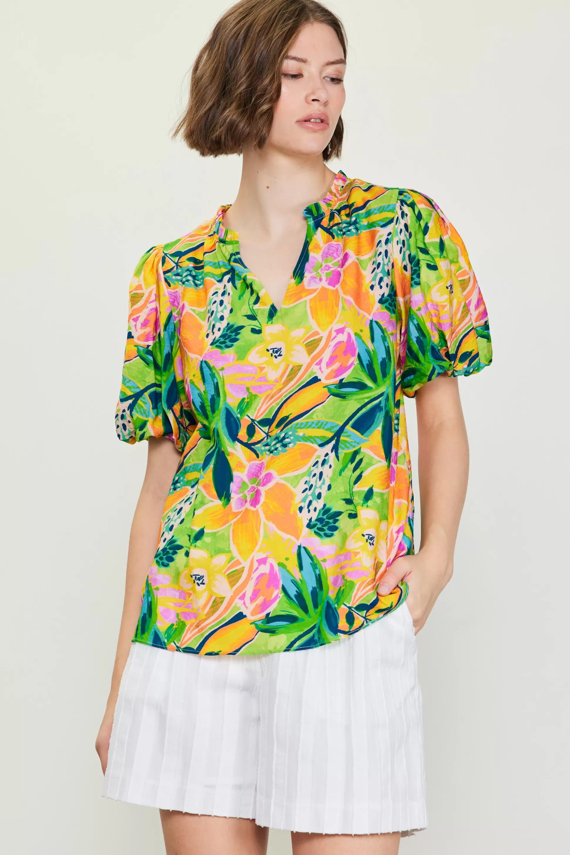 SKIES ARE BLUE Short Sleeve Tops>Celine Floral Print Bubble Sleeve Top Limemango