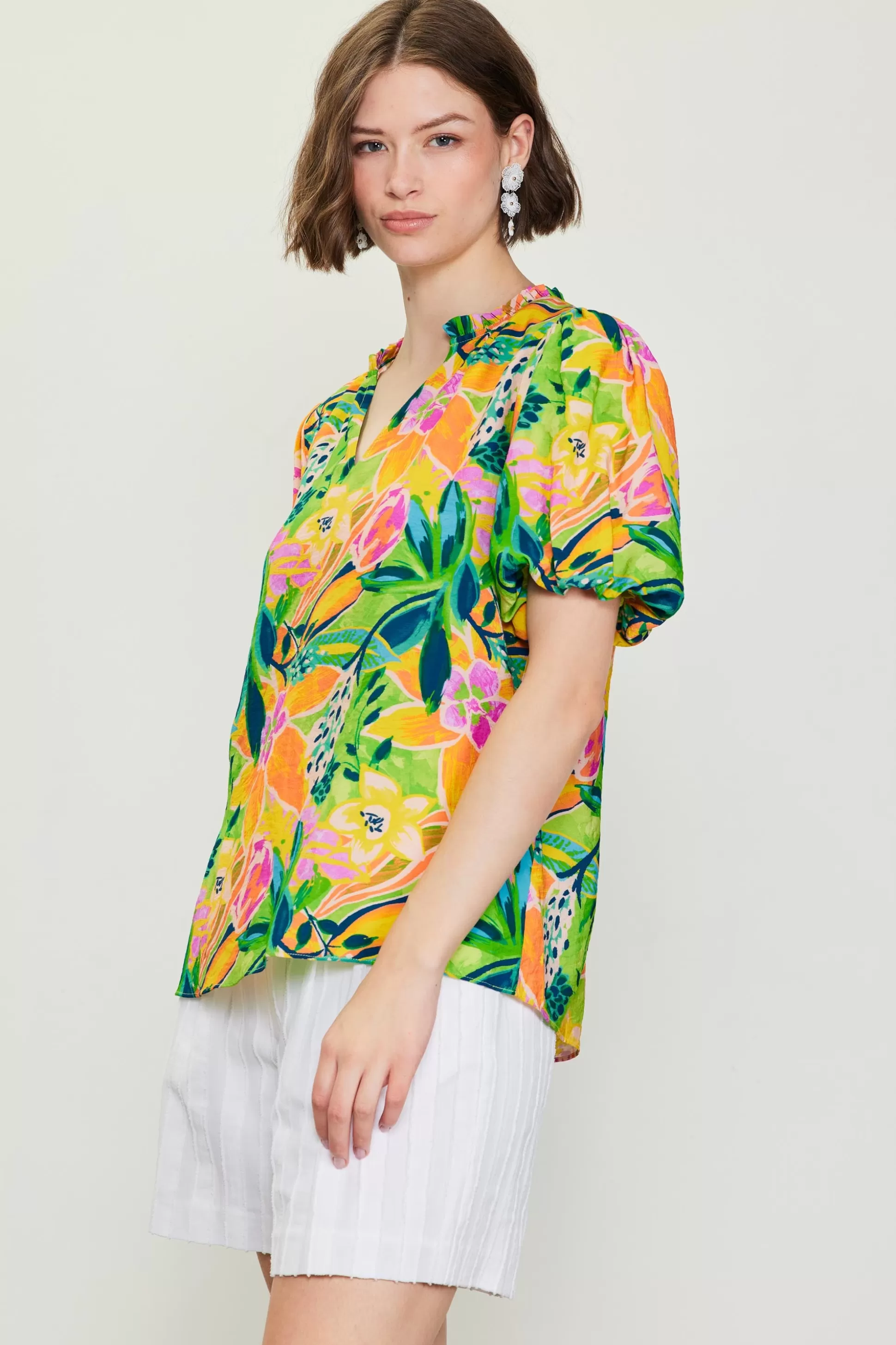 SKIES ARE BLUE Short Sleeve Tops>Celine Floral Print Bubble Sleeve Top Limemango