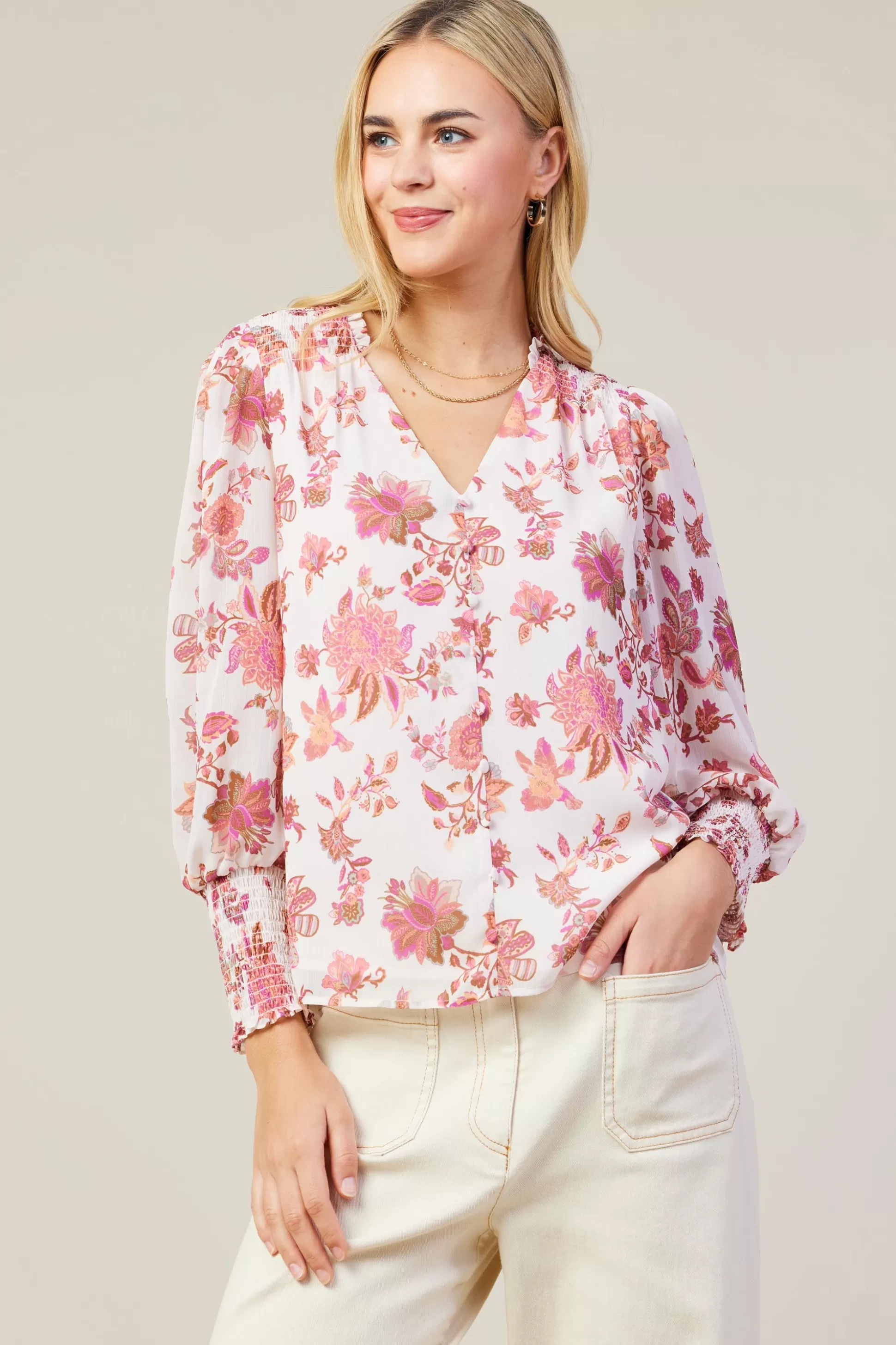 SKIES ARE BLUE Long Sleeve Tops>Ceres Floral Print Smocked Detail Top Blush-mulberry