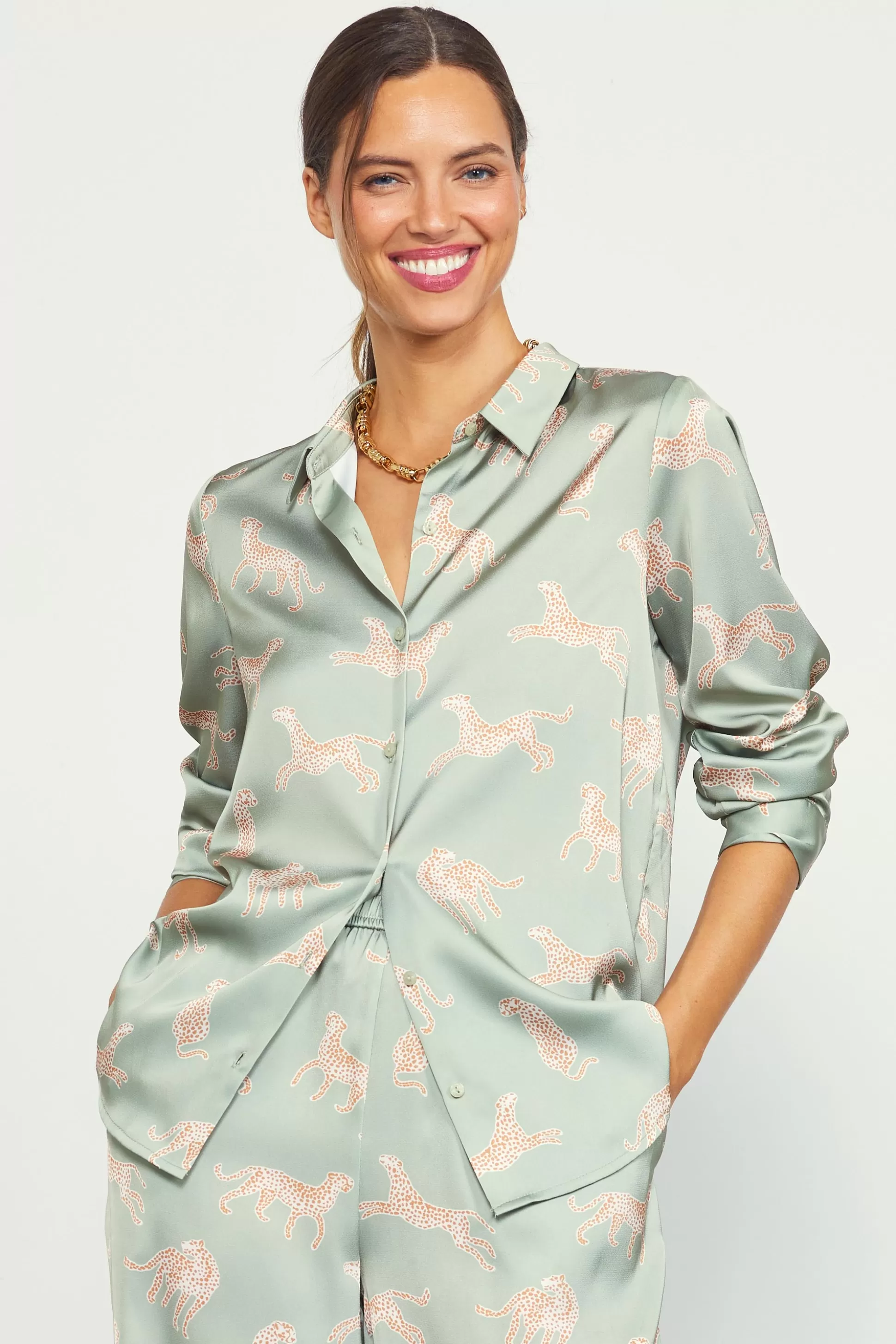 SKIES ARE BLUE Blouses | Long Sleeve Tops>Cheetah Print Satin Button Down Blouse Sage