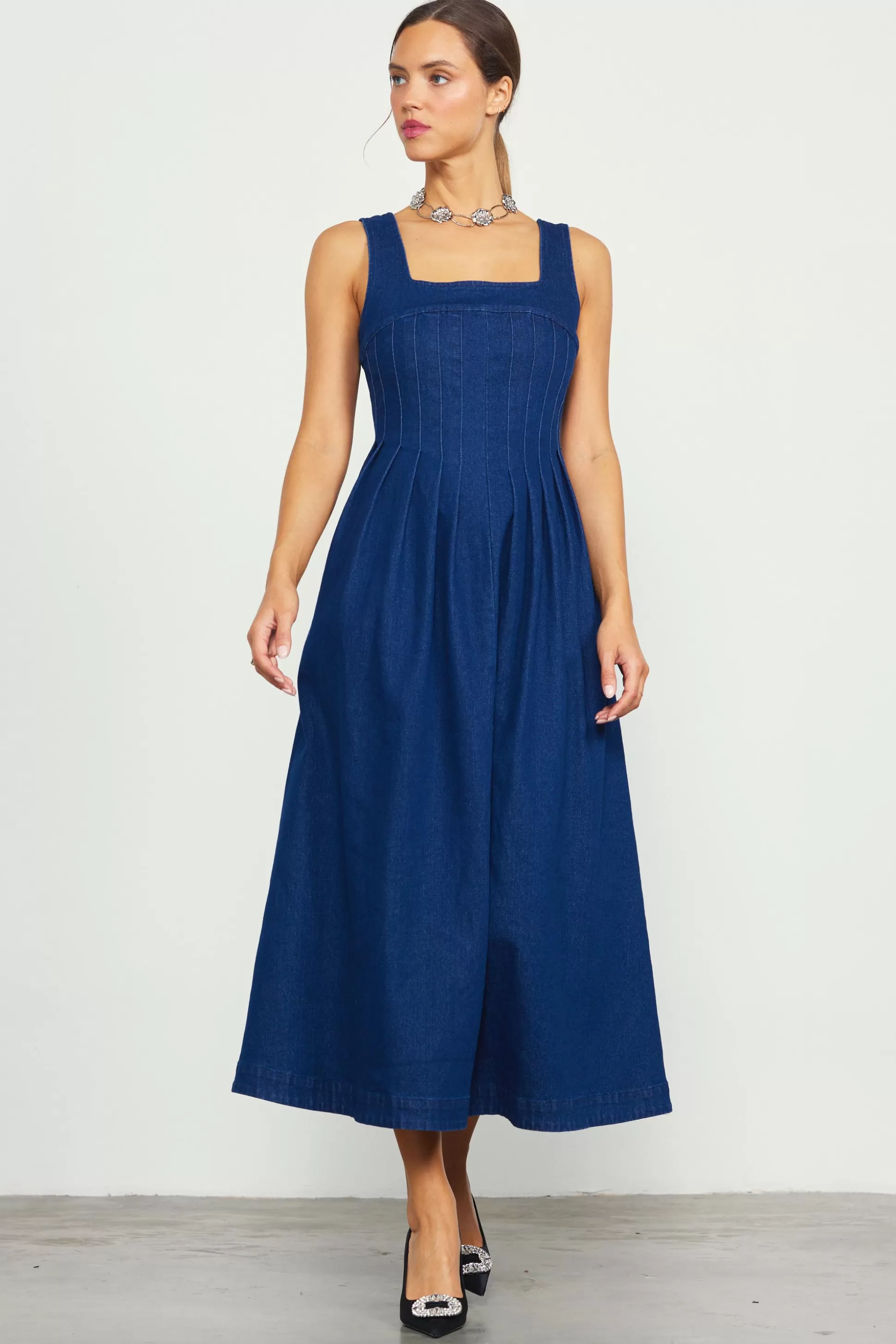 SKIES ARE BLUE Maxi Dresses>Corset Denim Pleated Dress Indigo