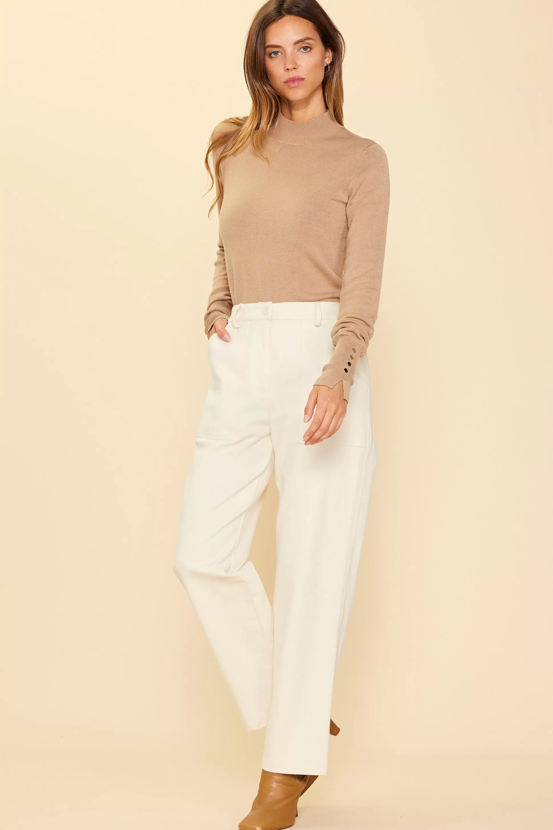 SKIES ARE BLUE Pants>Cotton Twill Belted Pants Ivory