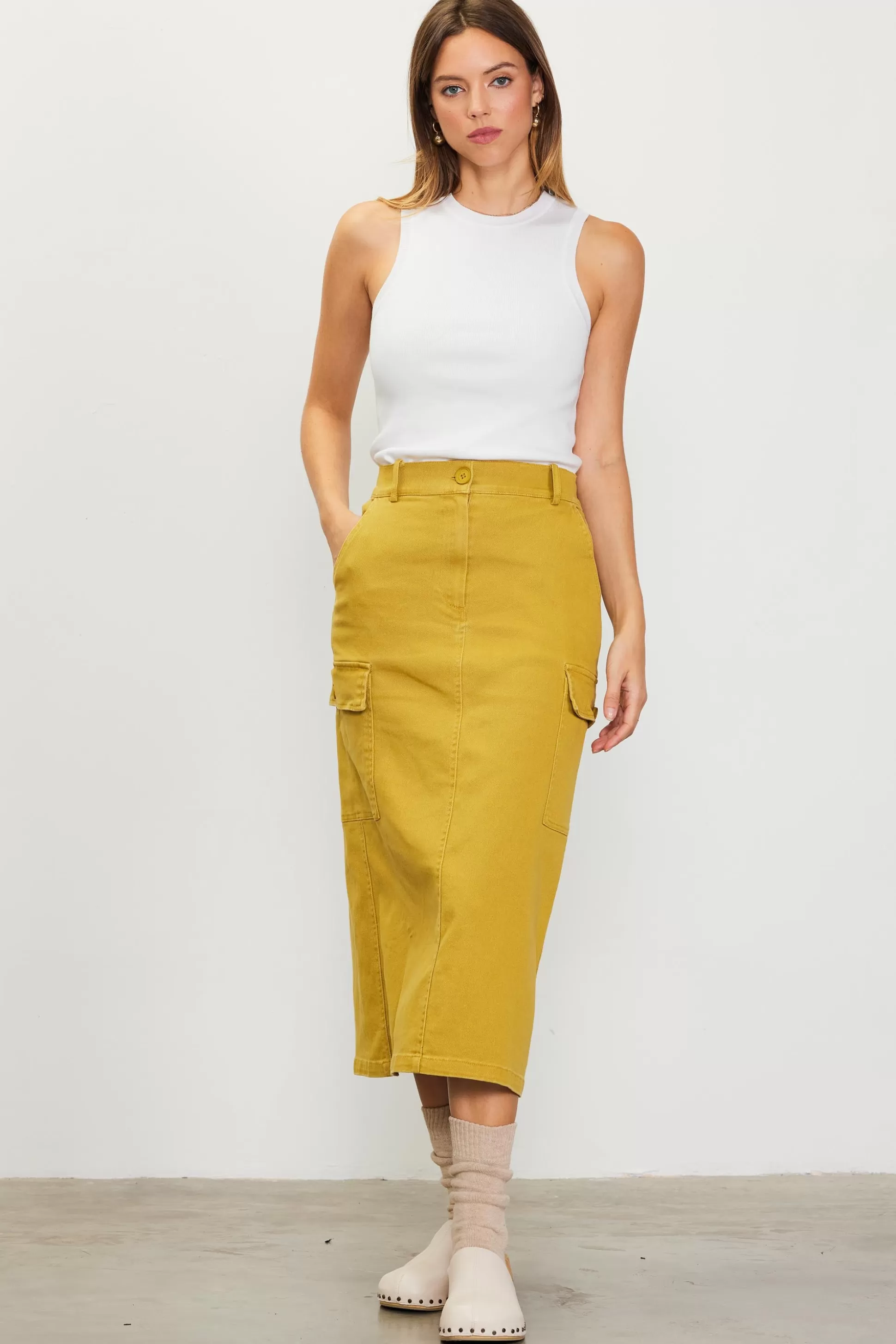 SKIES ARE BLUE Skirts>Cotton Twill Cargo Skirt Goldengreen