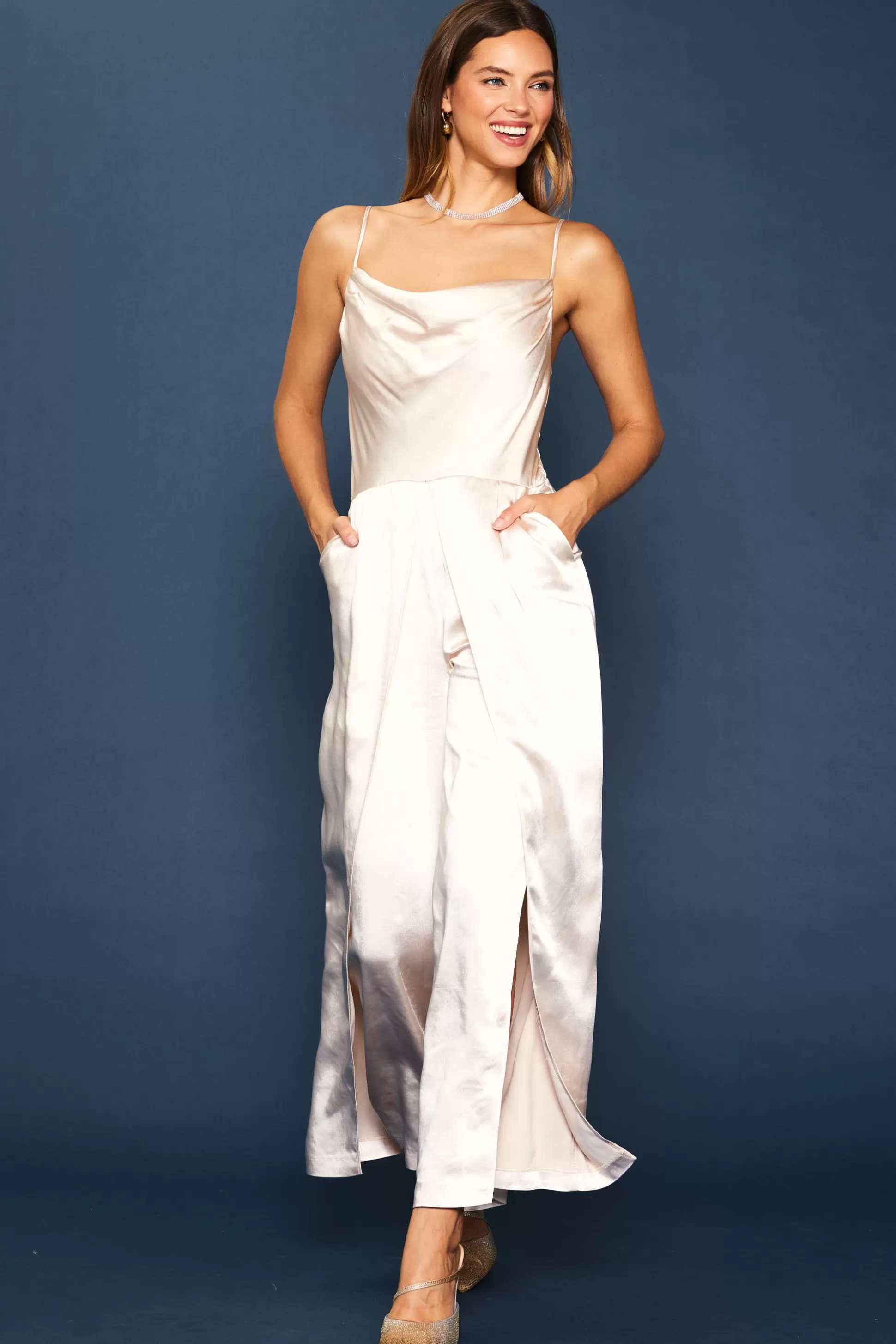 SKIES ARE BLUE Jumpsuits>Cowl Neckline Satin Jumpsuit Champagne