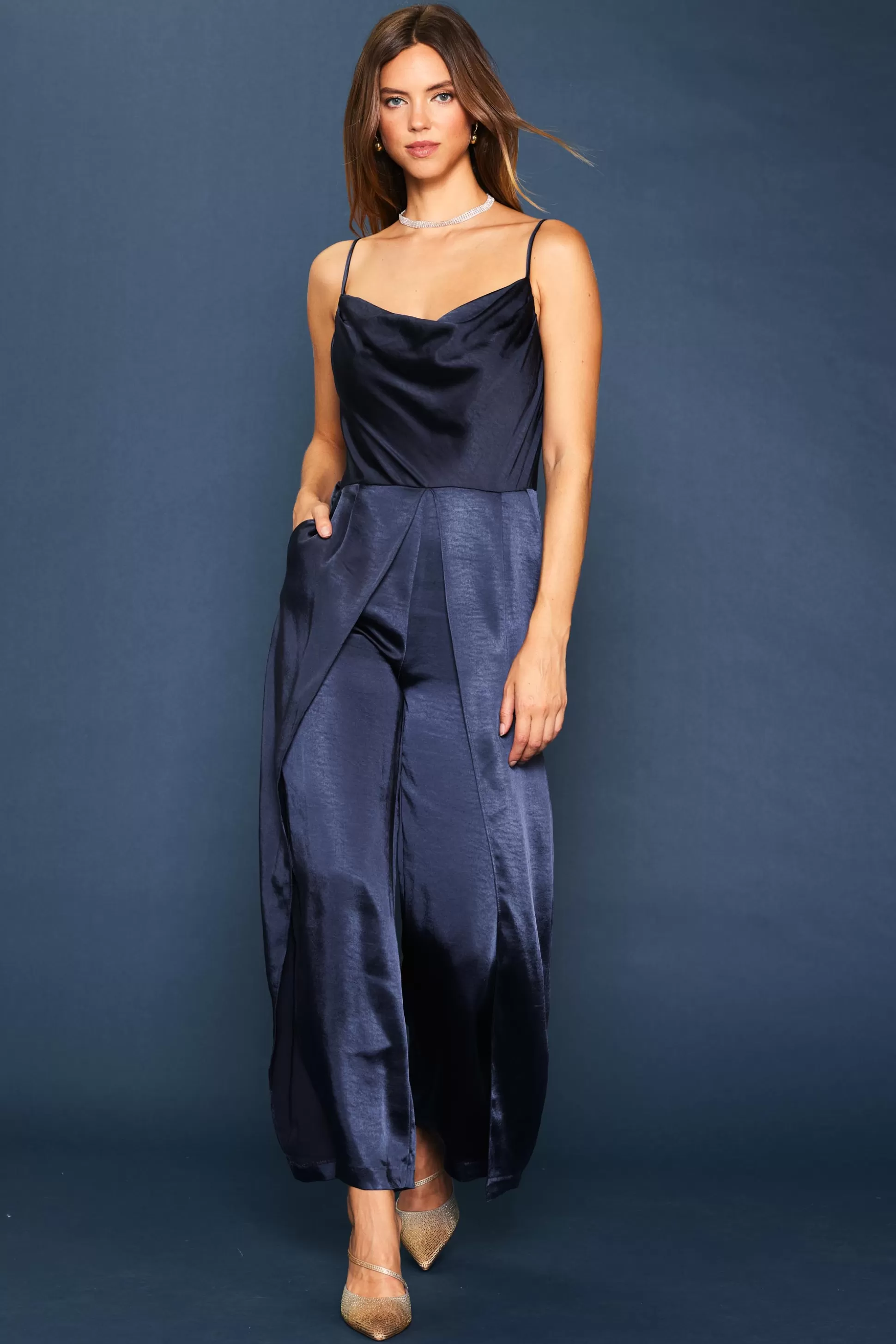 SKIES ARE BLUE Jumpsuits>Cowl Neckline Satin Jumpsuit Navy