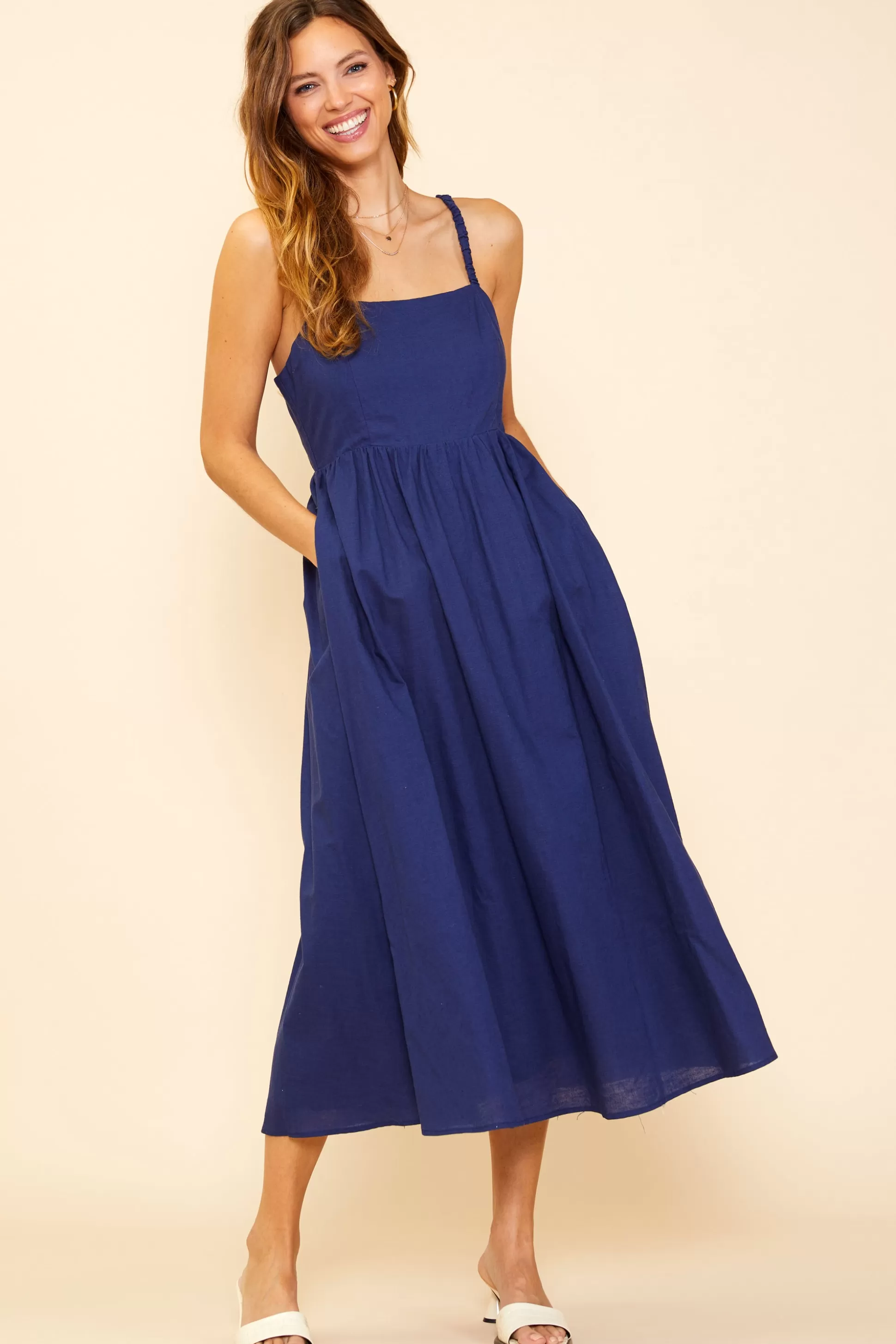 SKIES ARE BLUE Midi Dresses>Criss Cross Back Tie Midi Dress Navy