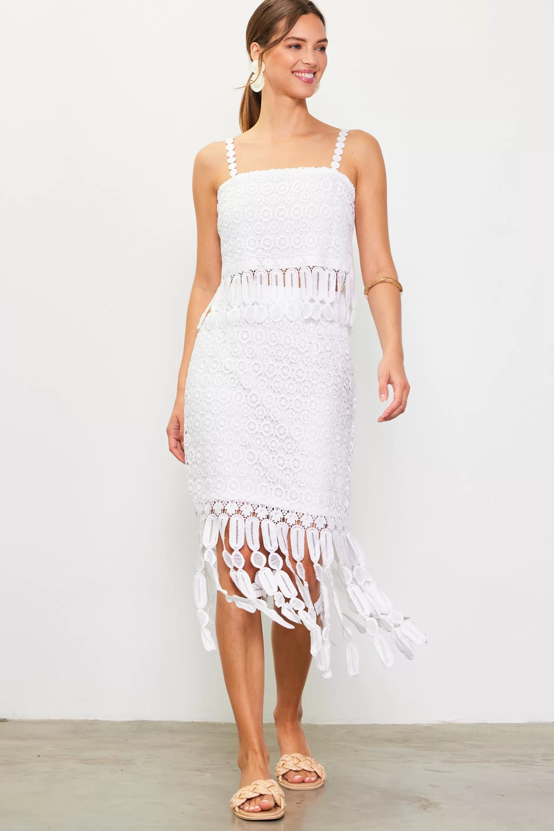 SKIES ARE BLUE Skirts>Crochet Midi Skirt with Fringe Detail Offwhite