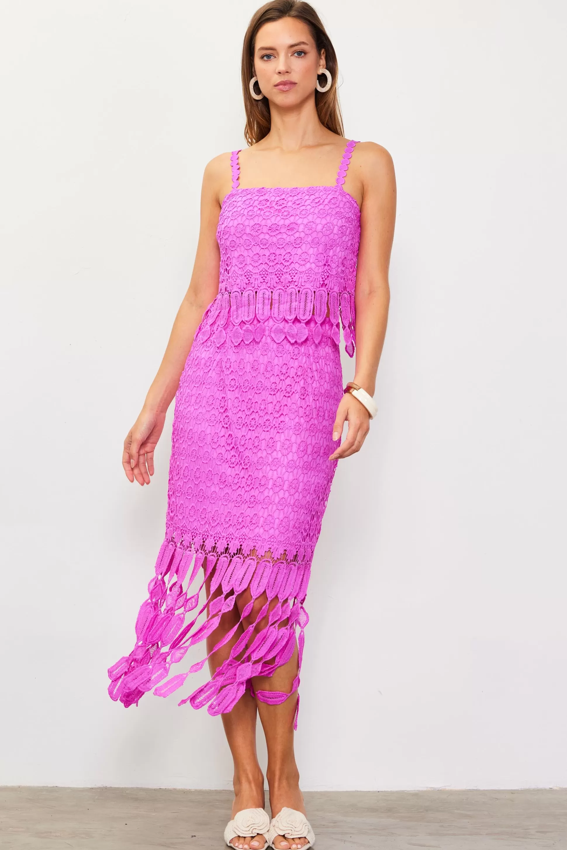 SKIES ARE BLUE Skirts>Crochet Midi Skirt with Fringe Detail Roseviolet