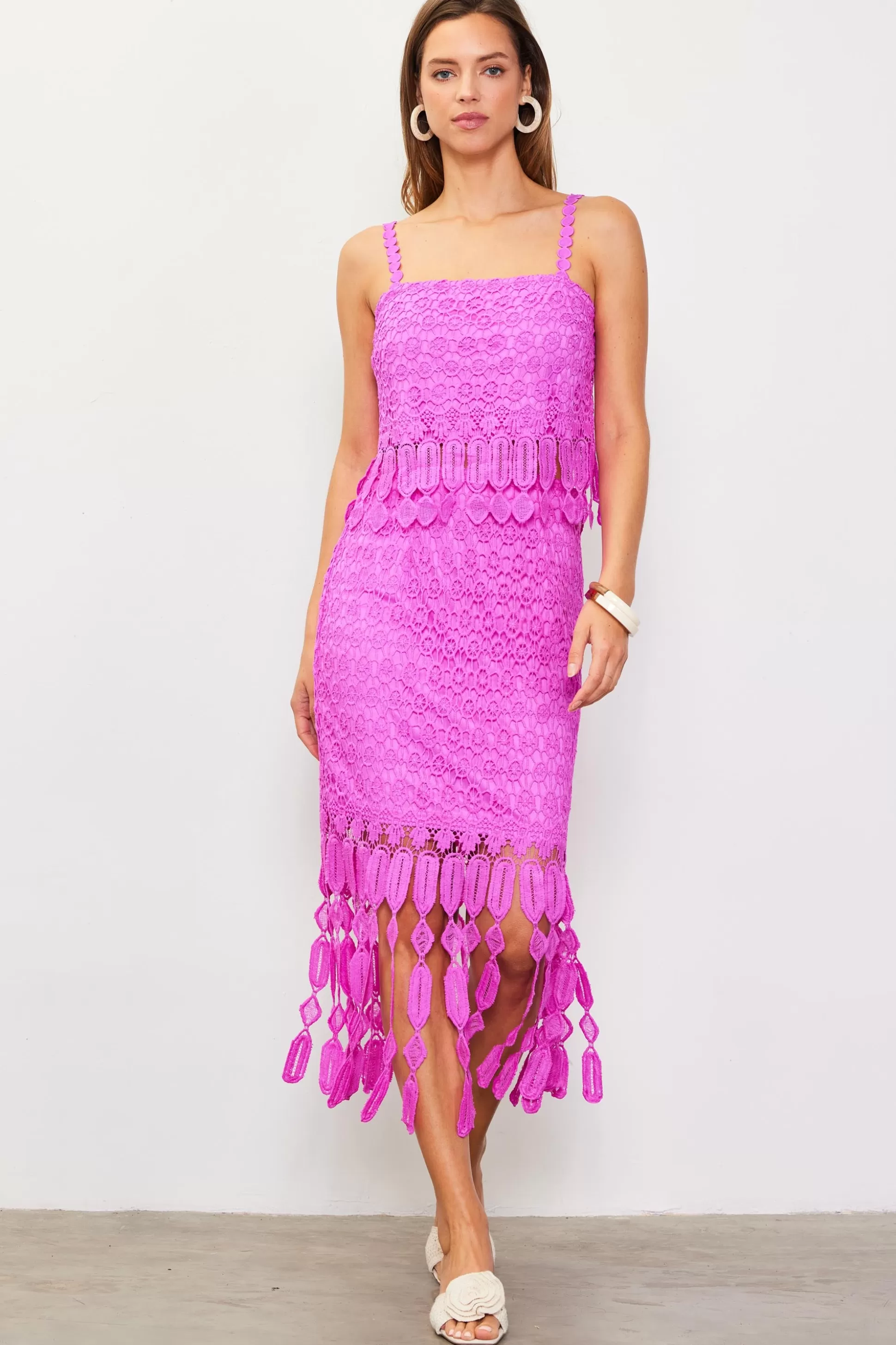 SKIES ARE BLUE Skirts>Crochet Midi Skirt with Fringe Detail Roseviolet