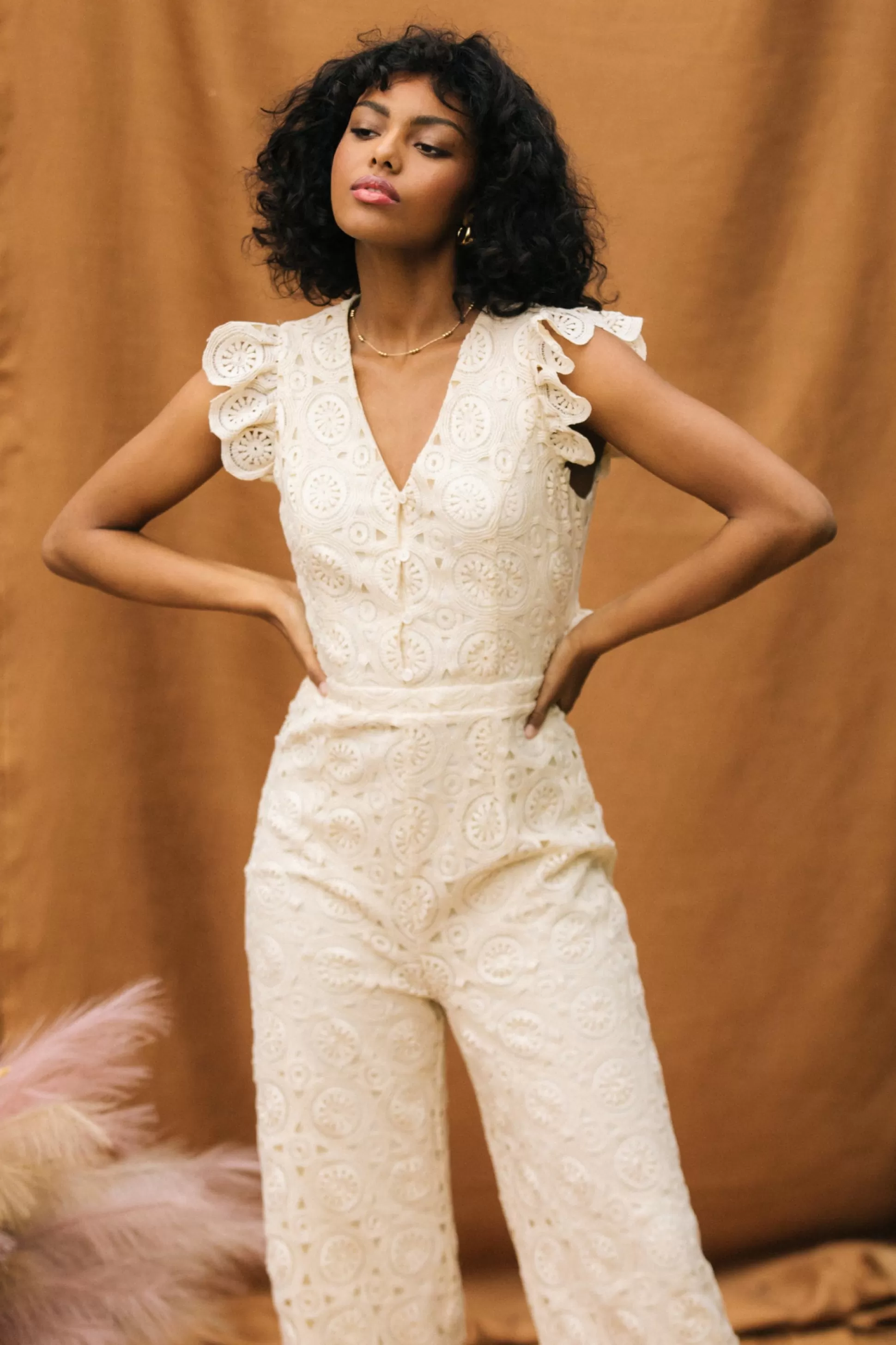 SKIES ARE BLUE Jumpsuits>Crochet Ruffled Sleeve Jumpsuit Ivory