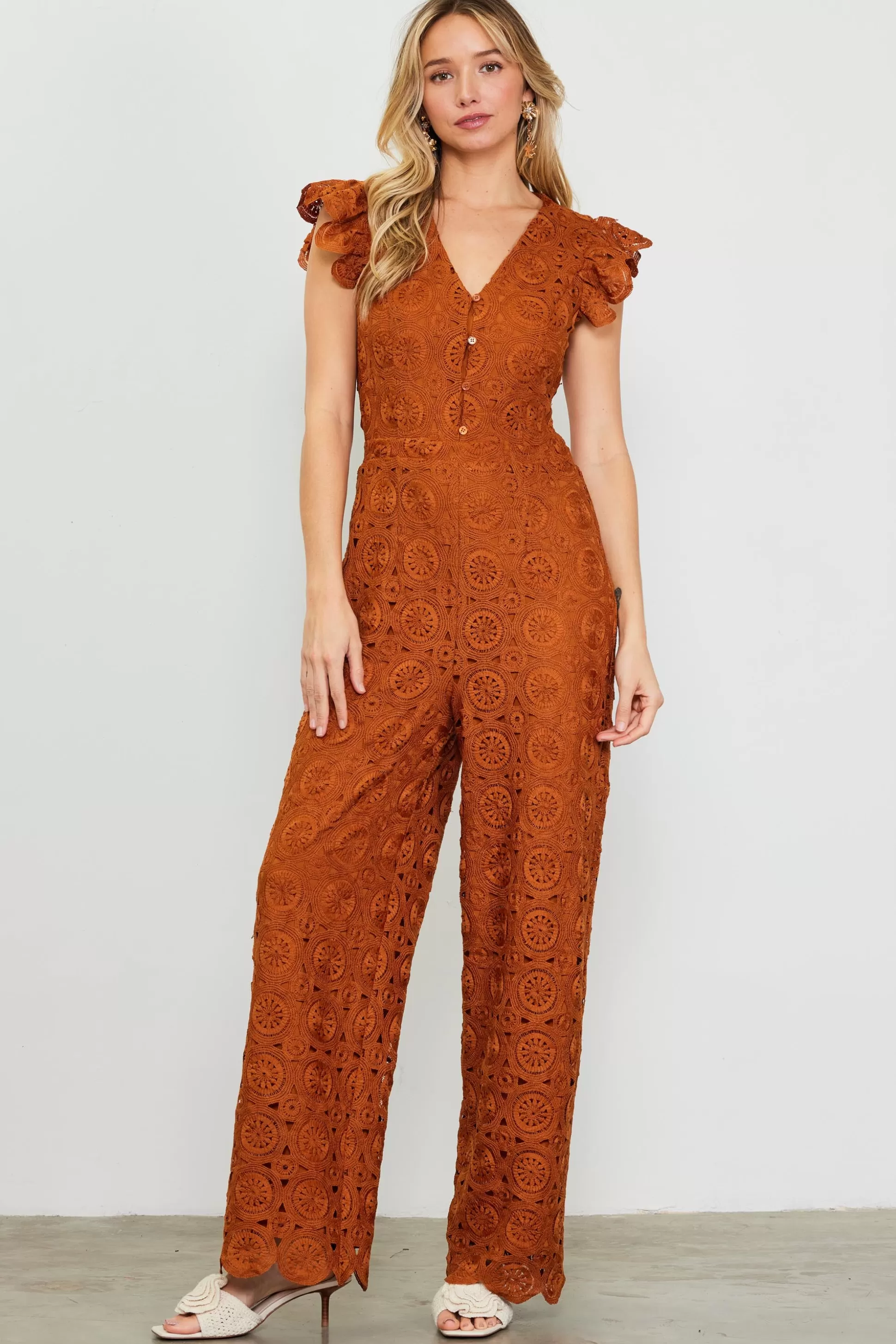 SKIES ARE BLUE Jumpsuits>Crochet Ruffled Sleeve Jumpsuit Tuscantan